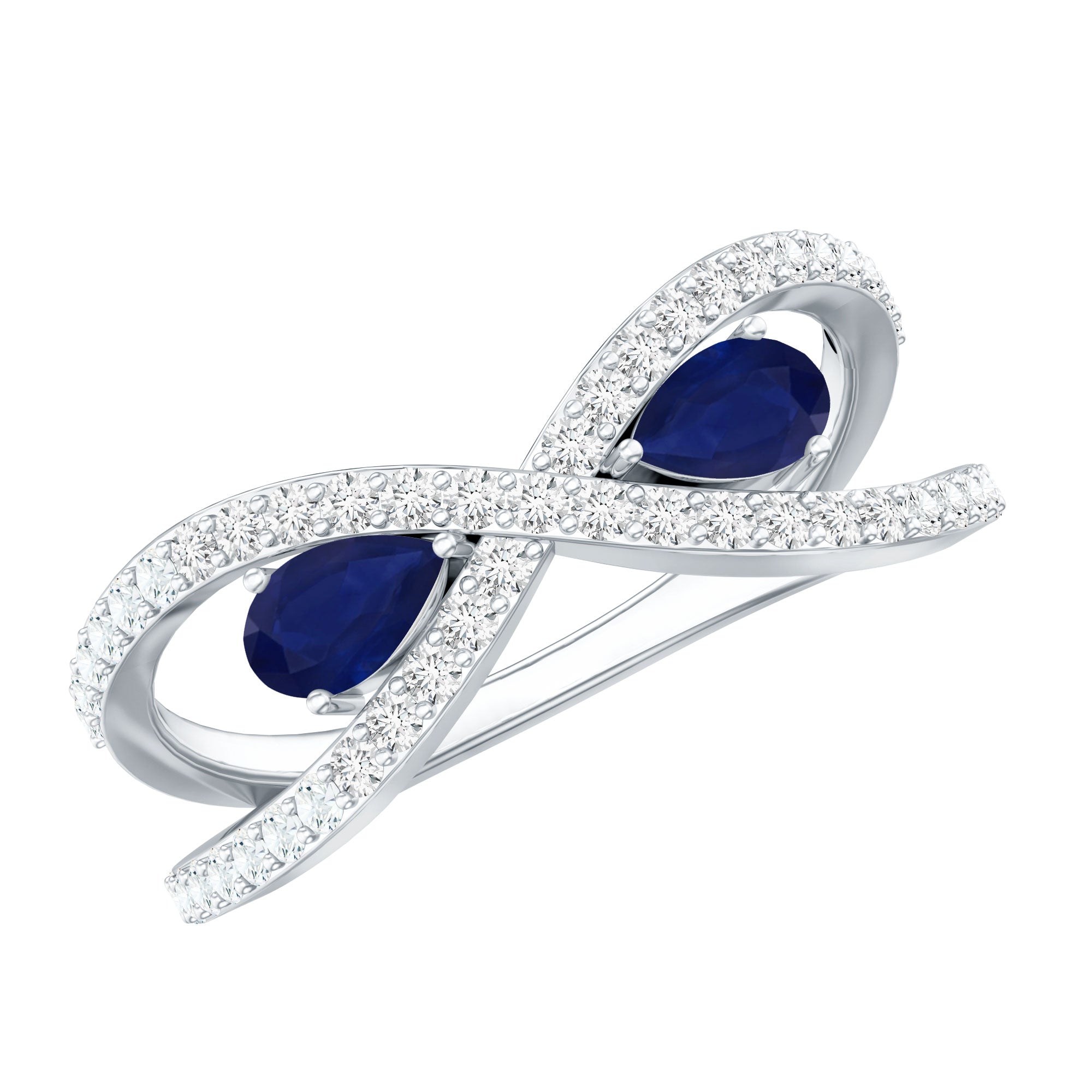 Real Pear Shape Blue Sapphire 2 Stone Engagement Ring with Diamond AAA - Rosec Jewels