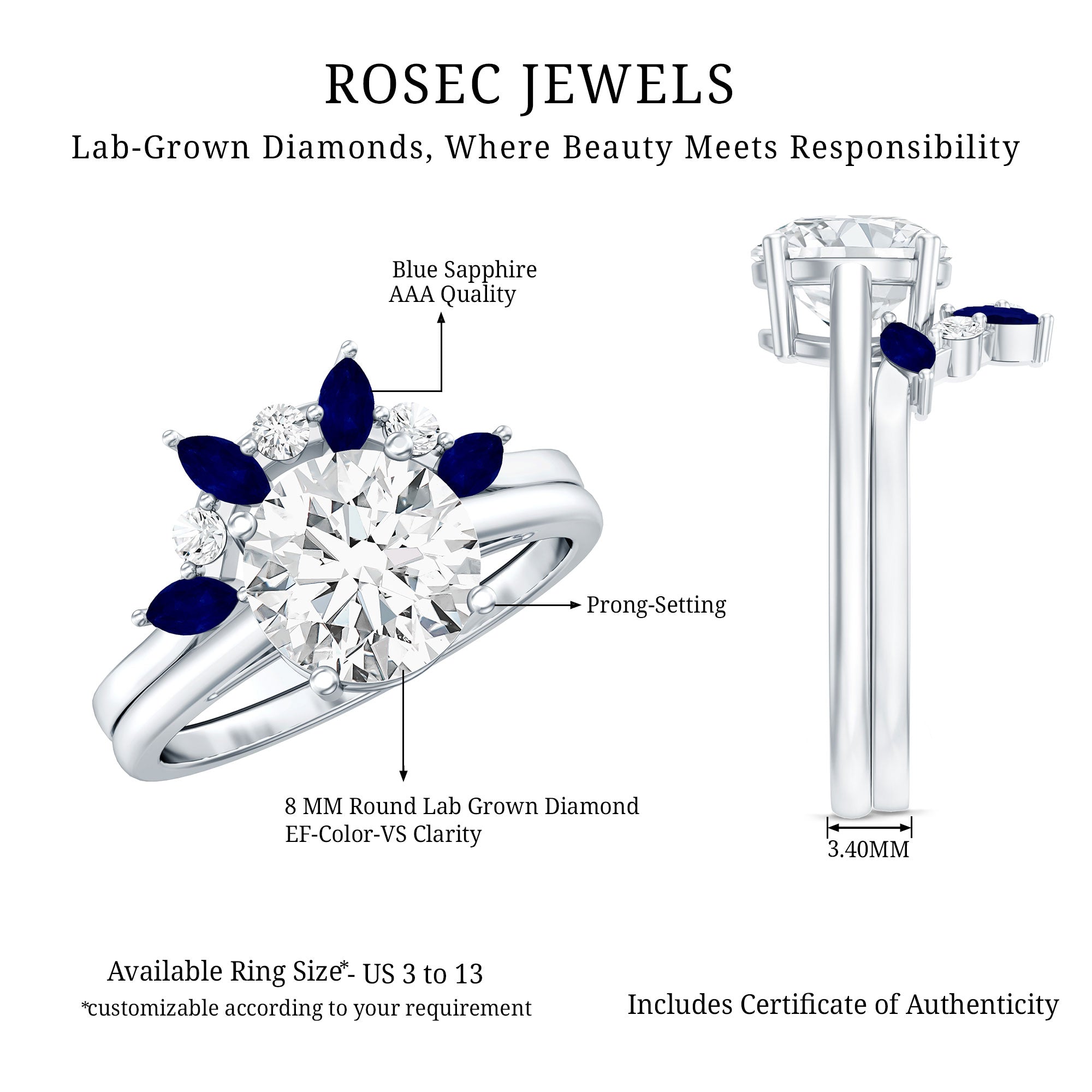 Certified Lab Grown Diamond Designer Engagement Ring Set With Sapphire Lab - ( EF-VS ) - Rosec Jewels