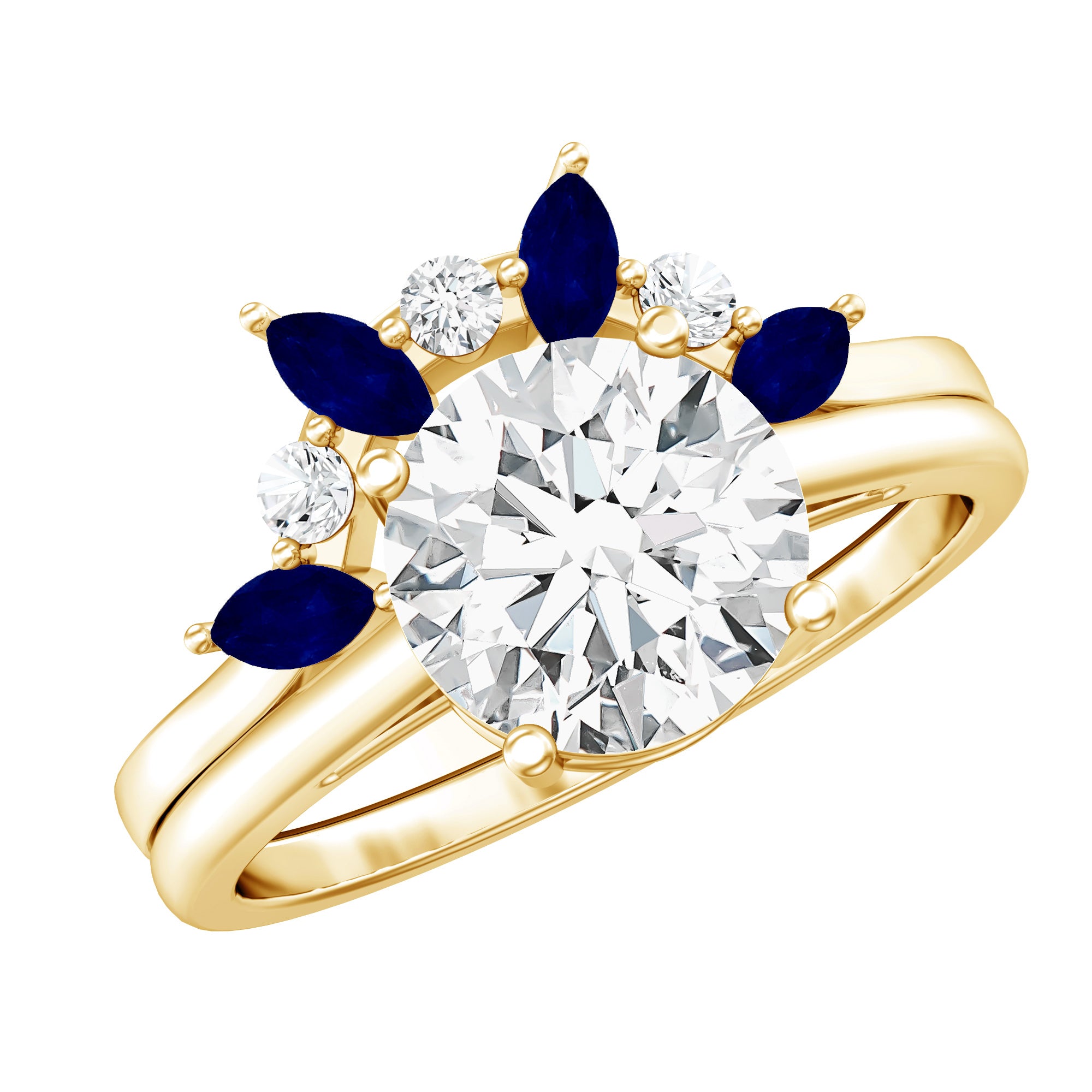 Certified Lab Grown Diamond Designer Engagement Ring Set With Sapphire Lab - ( EF-VS ) - Rosec Jewels