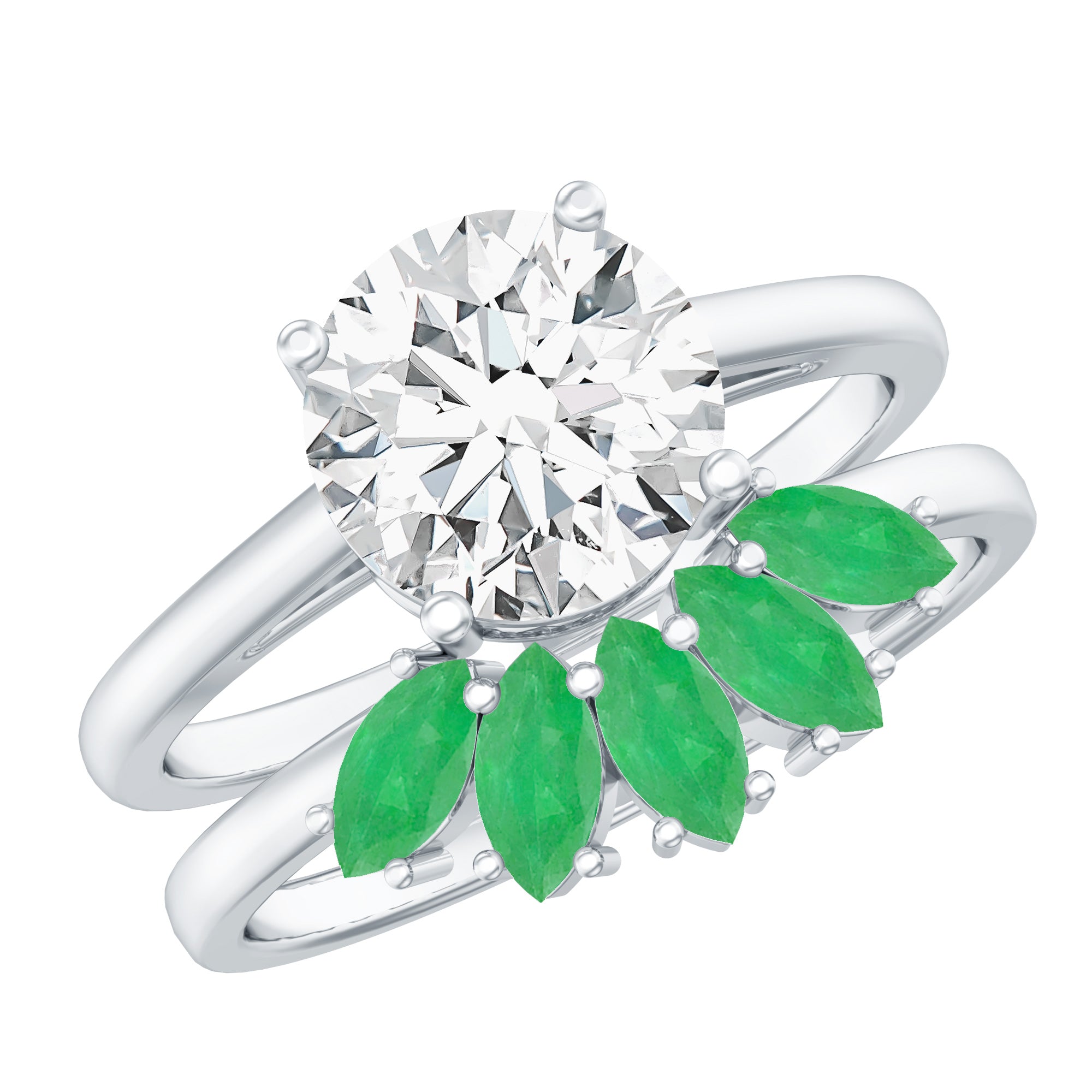 Certified 8 MM Lab Grown Diamond Engagement Ring With Emerald Wedding Band Lab - ( EF-VS ) - Rosec Jewels