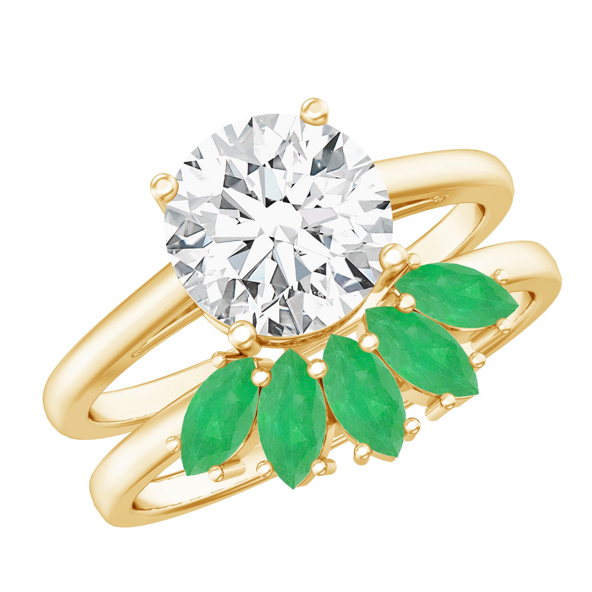 Certified 8 MM Lab Grown Diamond Engagement Ring With Emerald Wedding Band Lab - ( EF-VS ) - Rosec Jewels