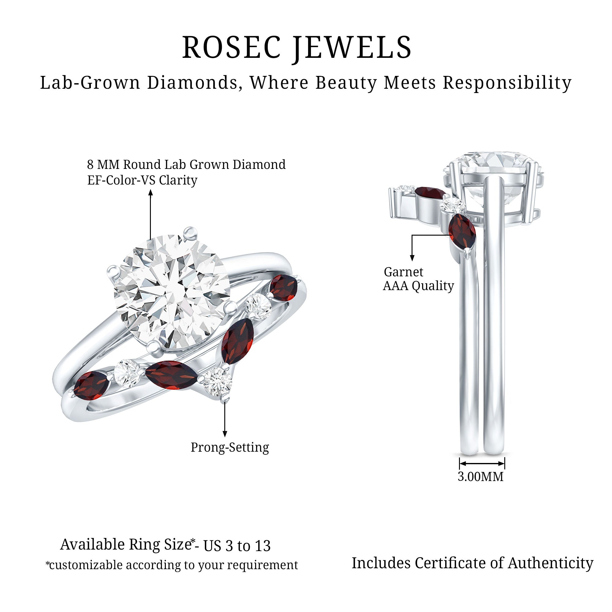 Certified 8 MM Lab Grown Diamond Bridal Ring Set With Garnet Enhancer Lab - ( EF-VS ) - Rosec Jewels
