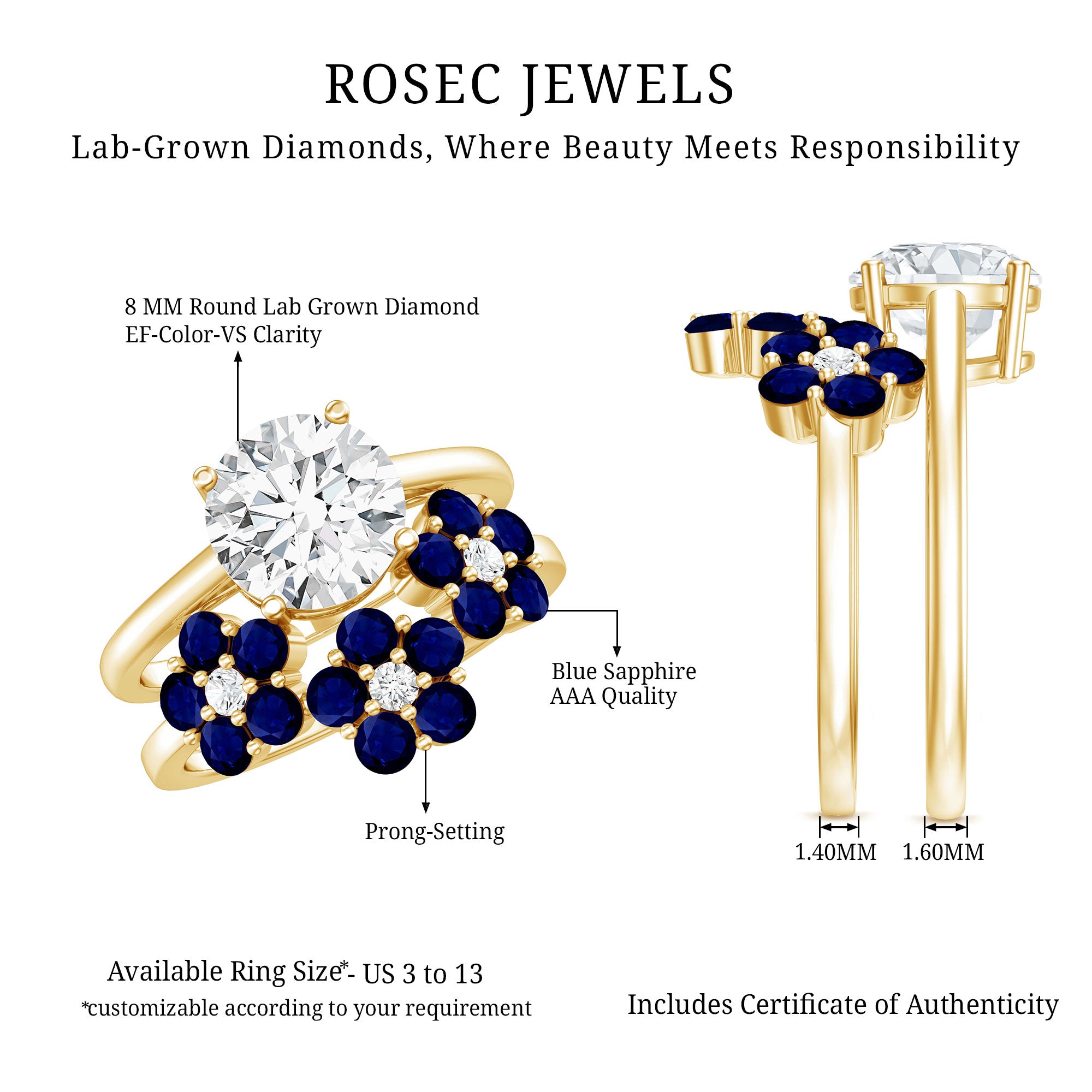 Certified Lab 8 MM Diamond Engagement Ring With Sapphire Wedding Band Lab - ( EF-VS ) - Rosec Jewels