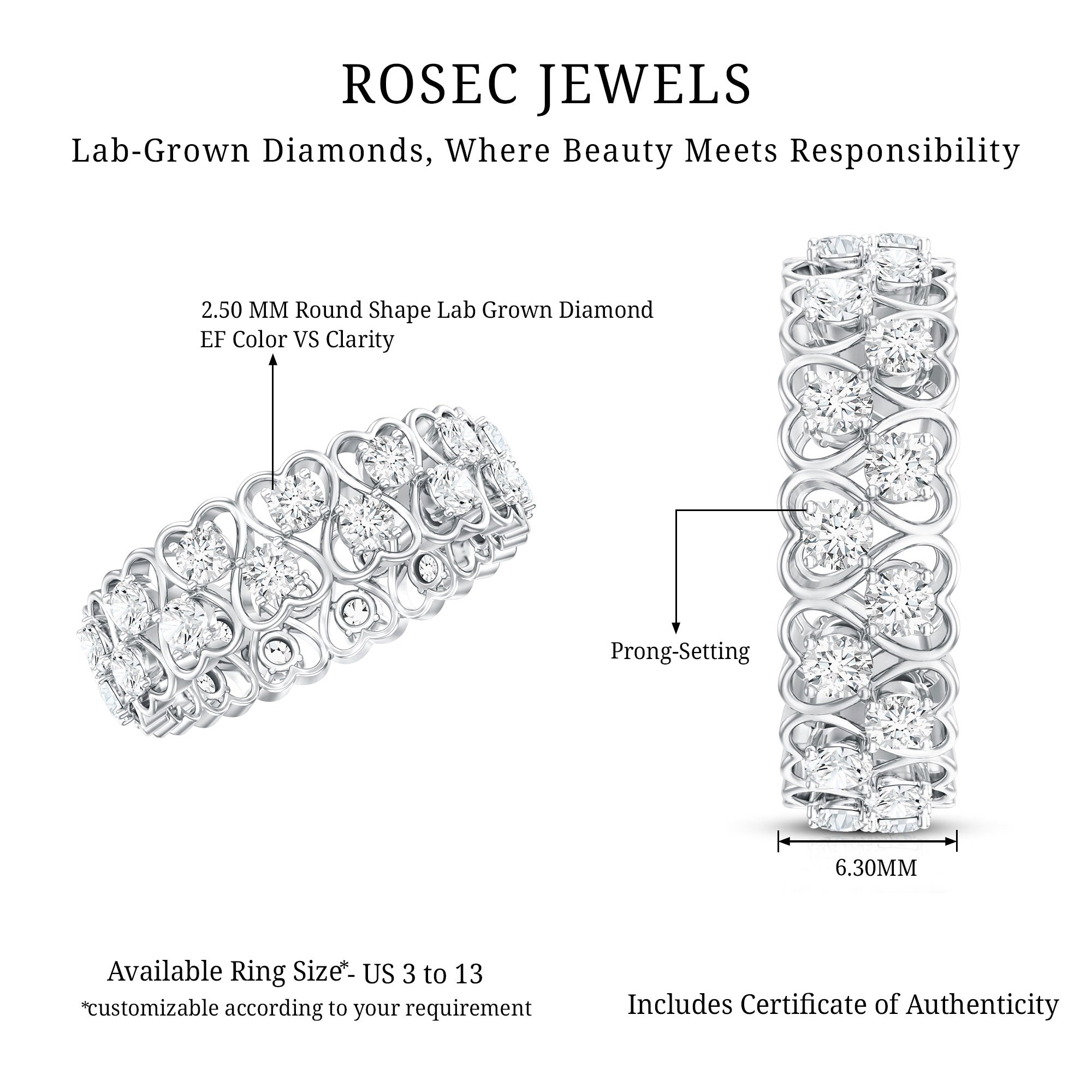 Certified Lab Grown Diamond Heart Eternity Band Ring Lab - ( EF-VS ) - Rosec Jewels