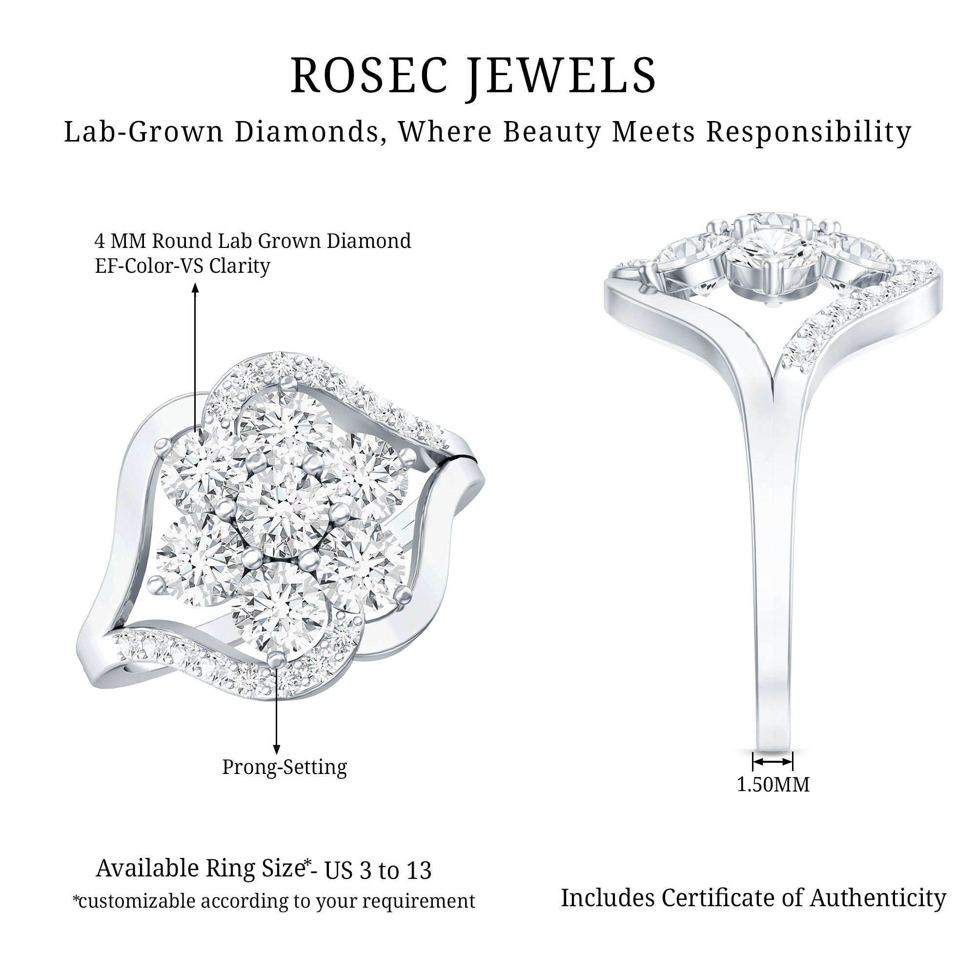 Certified Lab Grown Diamond Flower Statement Ring Lab - ( EF-VS ) - Rosec Jewels