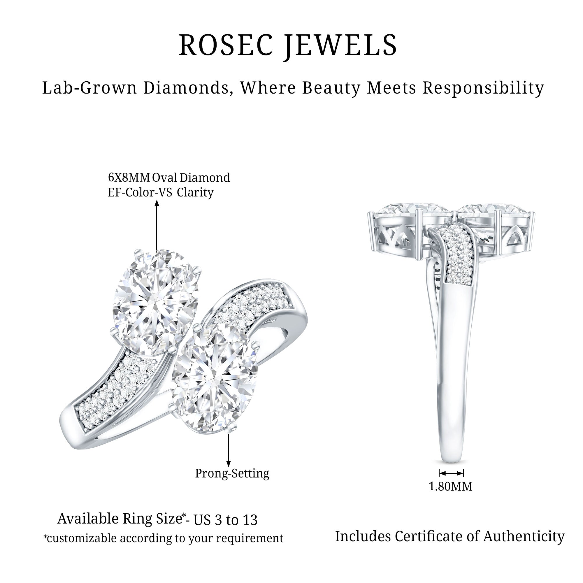 Certified Lab Grown Diamond Designer 2 Stone Engagement Ring Lab - ( EF-VS ) - Rosec Jewels