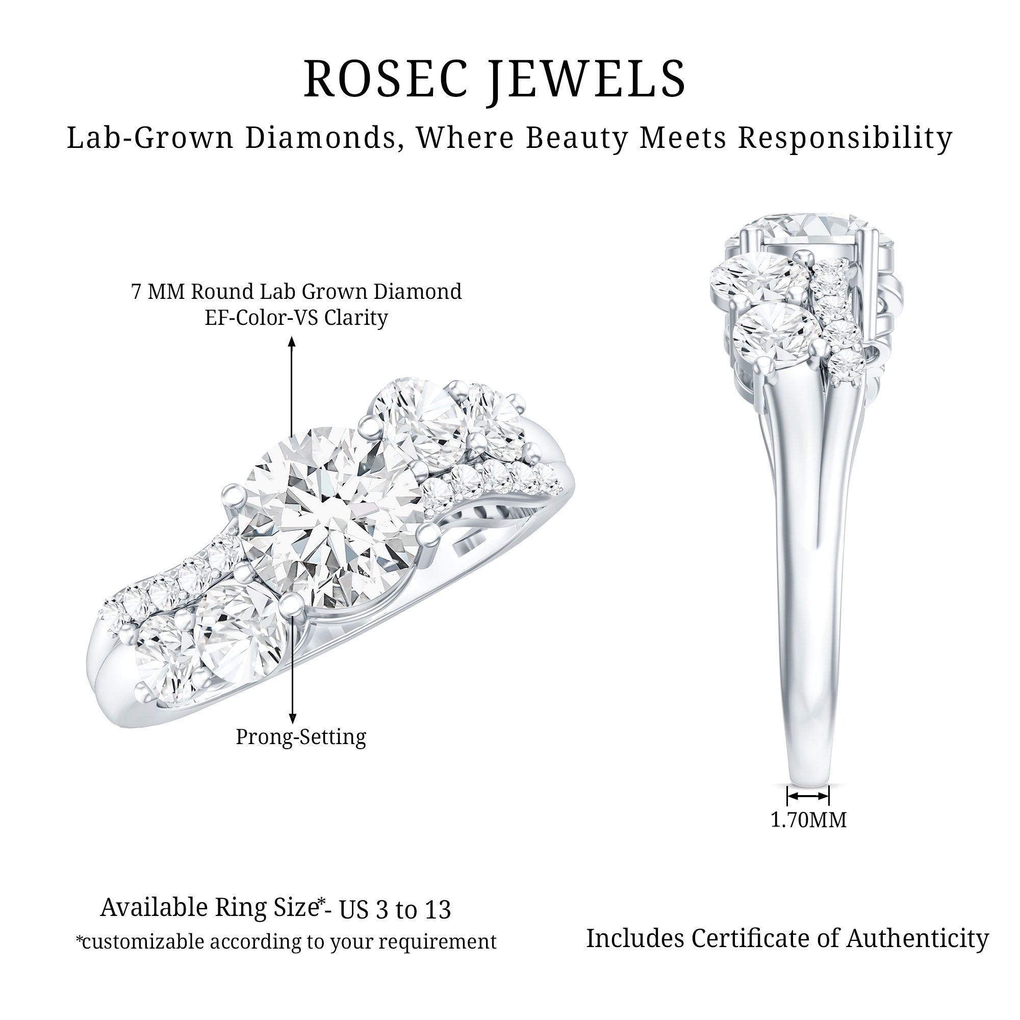 Rosec Jewels-Certified Lab 7 MM Round Diamond Designer Engagement Ring