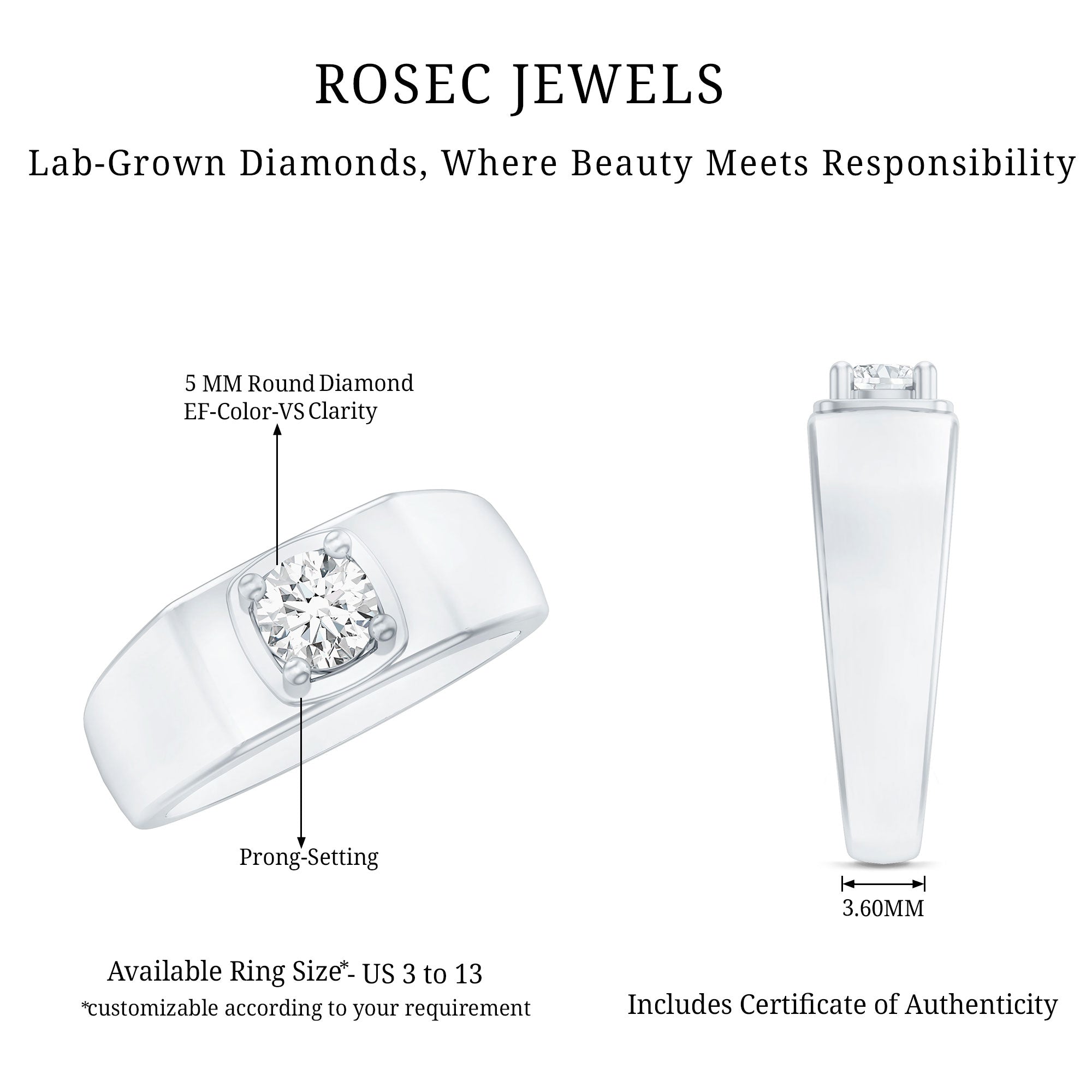 Brilliant Cut Lab Grown Diamond Engagement Ring for Men Lab - ( EF-VS ) - Rosec Jewels