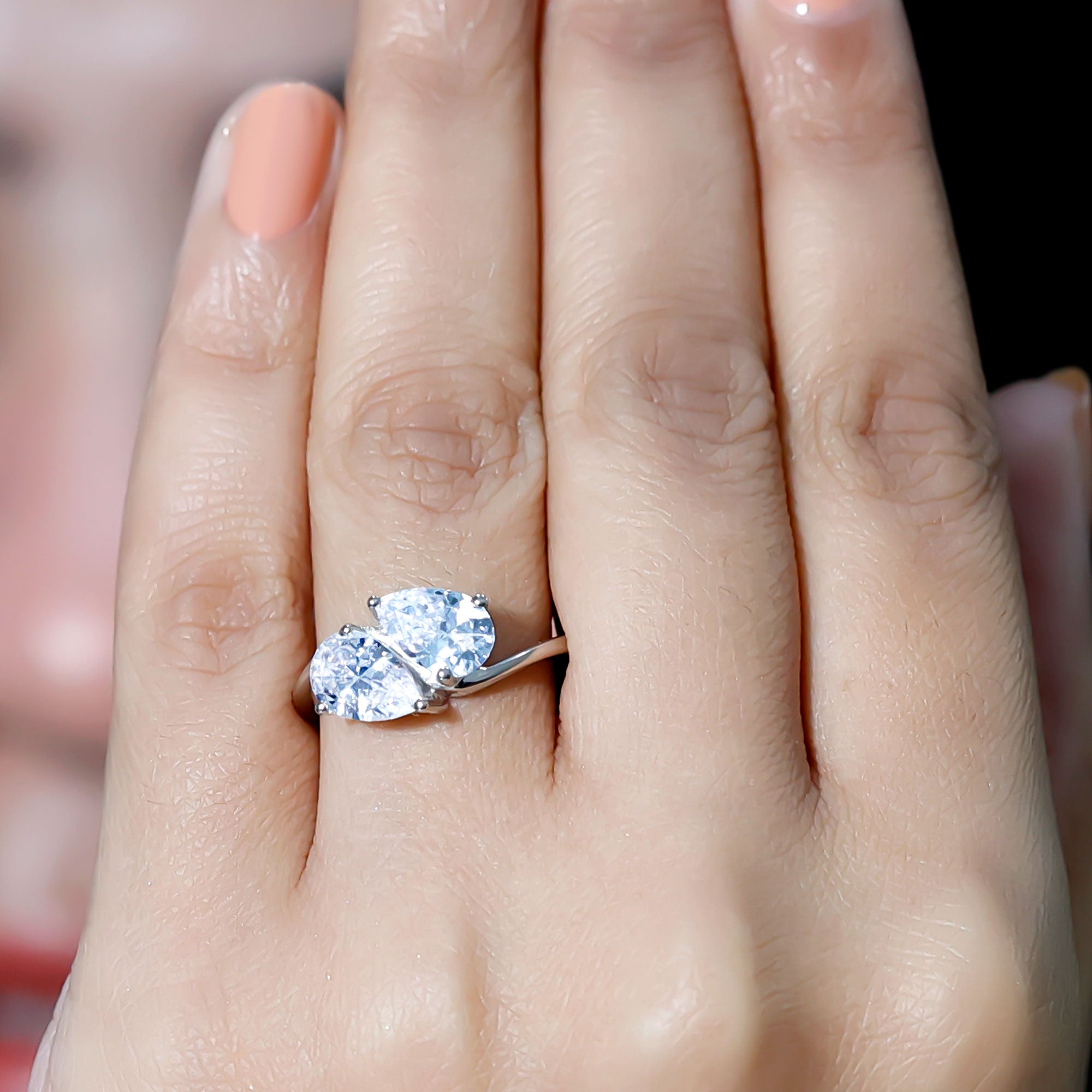 6X8 MM Pear Shaped Lab Grown Diamond Two Stone Engagement Ring Lab - ( EF-VS ) - Rosec Jewels