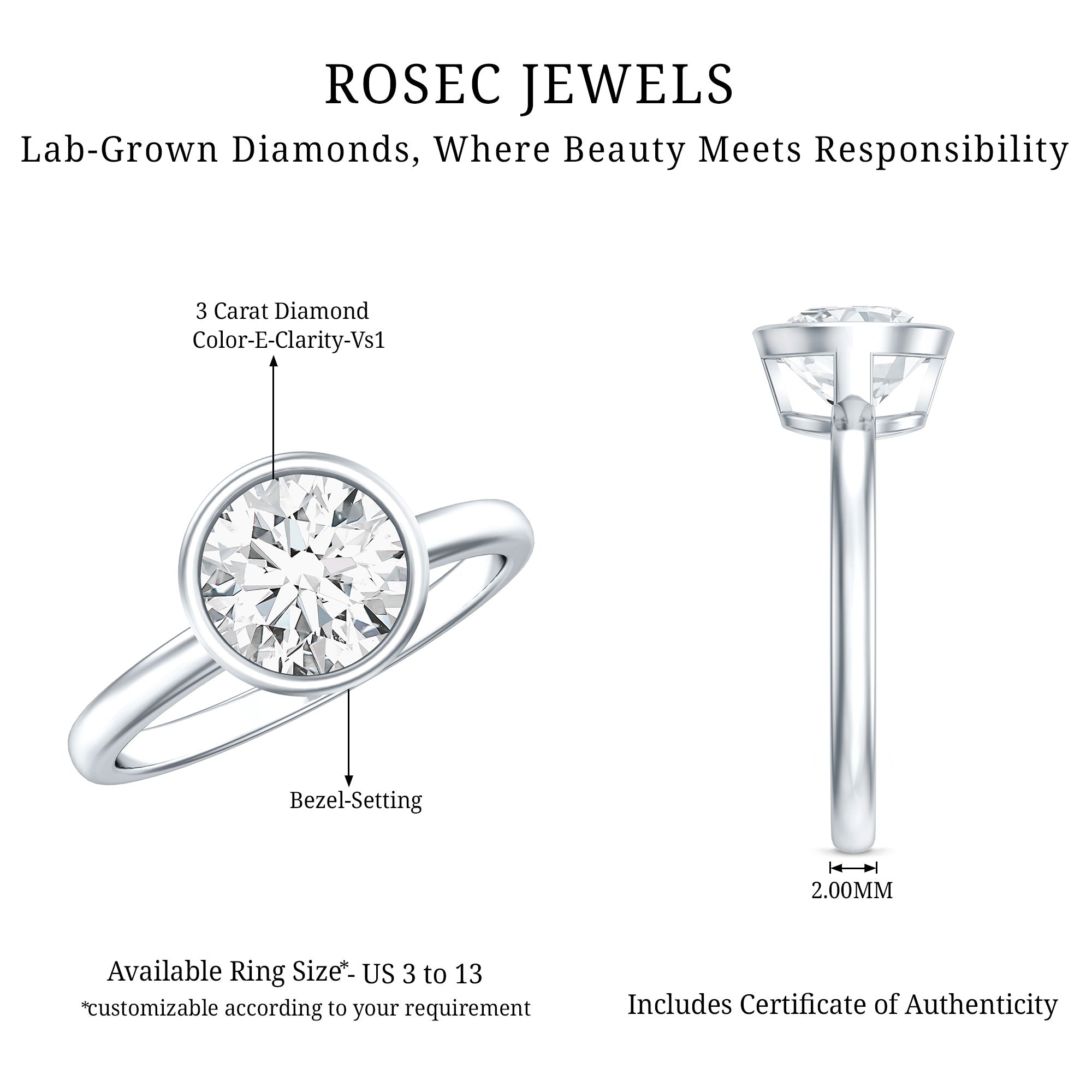 Round Lab Grown Diamond Classic Engagement Ring with IGI Certificate Lab - ( E-VS1 ) - Rosec Jewels