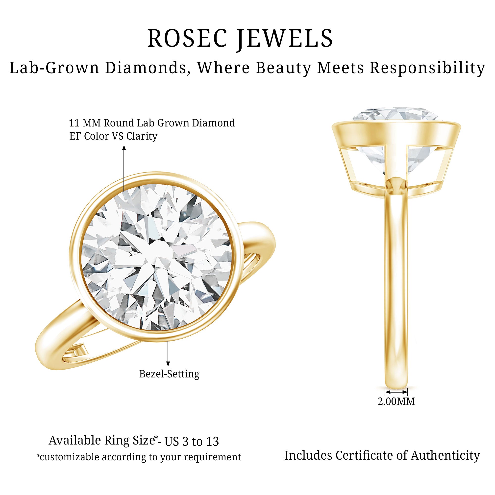 Rosec Jewels-IGI Certified 5 Carat Lab Grown Diamond Bezel Set Engagement Ring