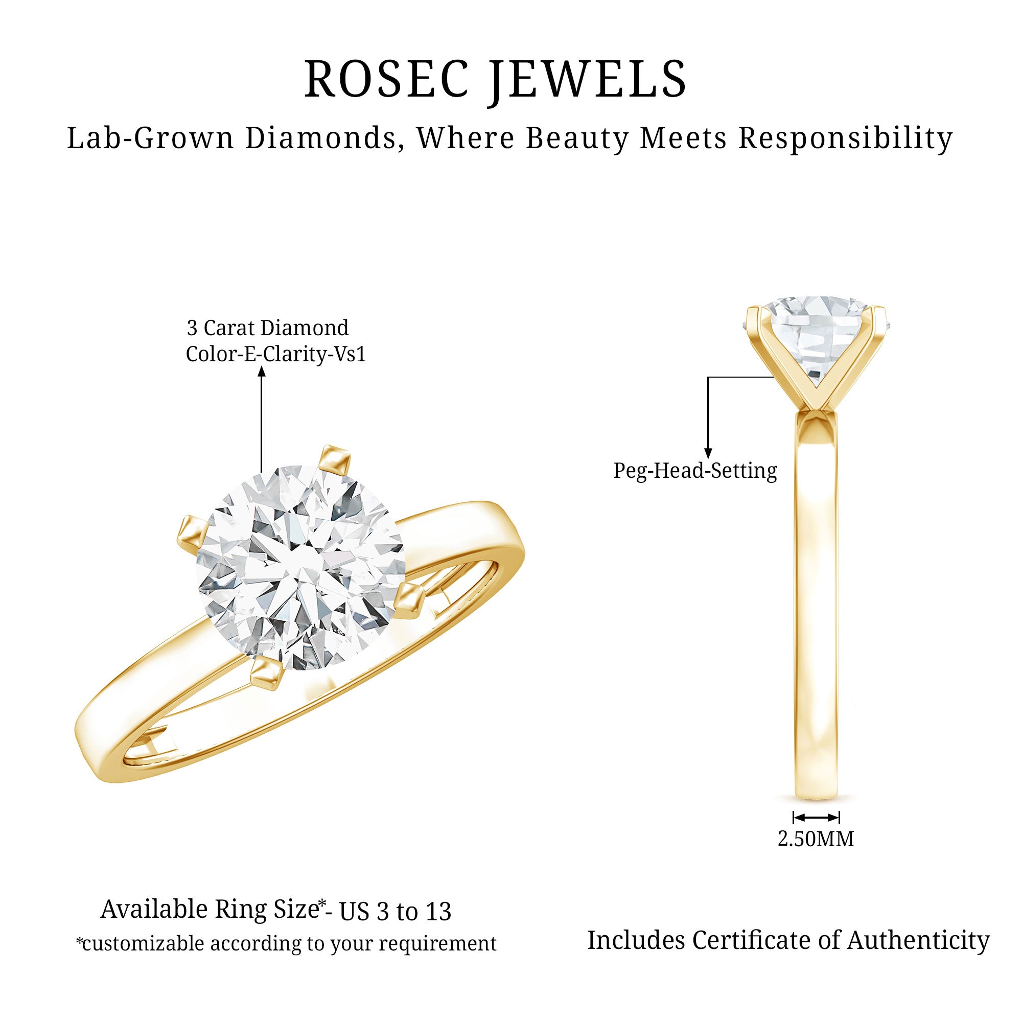 IGI Certified 3 CT Round Lab Grown Diamond Solitaire Engagement Ring Lab - ( E-VS1 ) - Rosec Jewels
