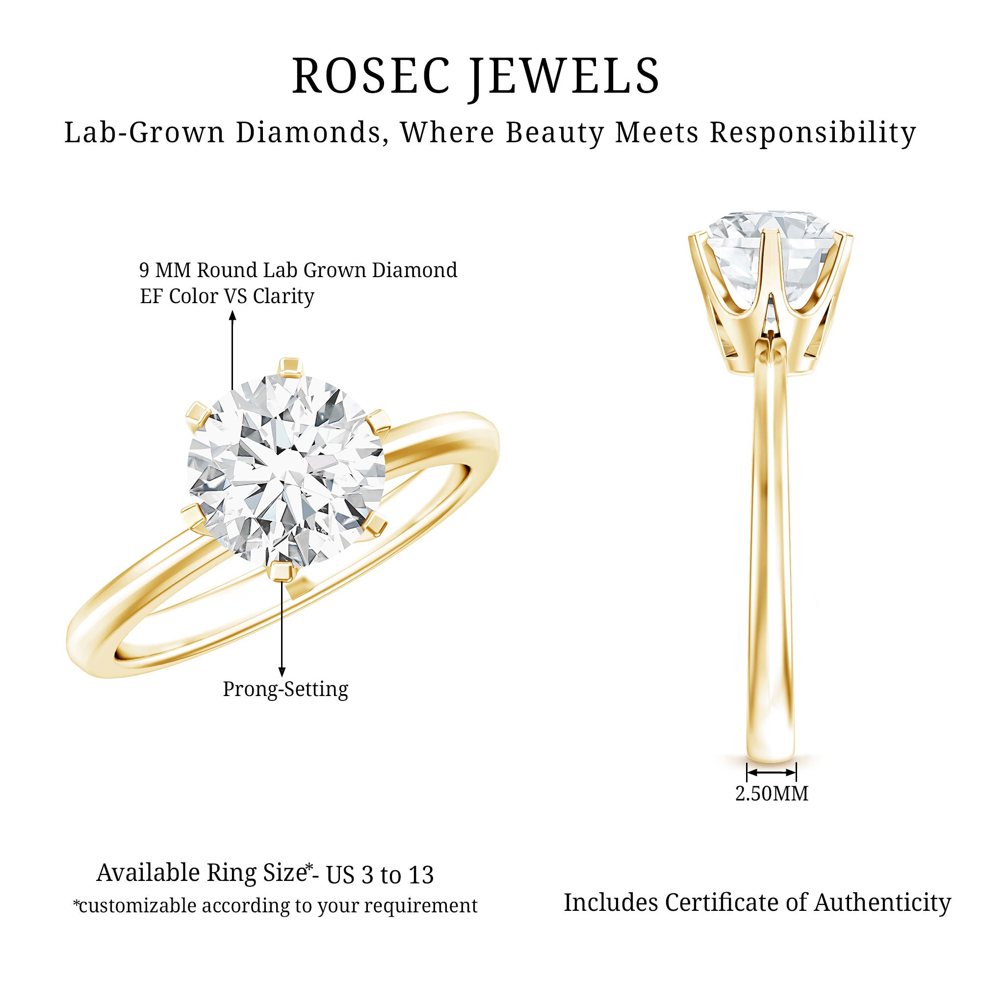 Rosec Jewels-3 Carat IGI Certified Lab Grown Diamond Round Engagement Ring