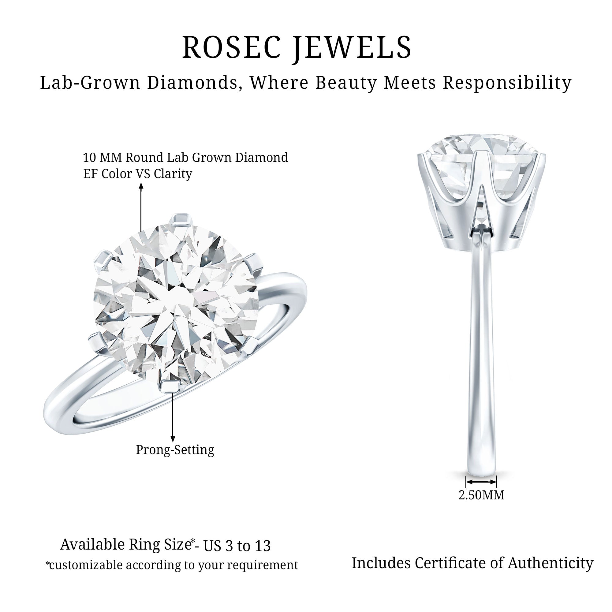 Rosec Jewels-4 Carat Lab Created Diamond Solitaire Engagement Ring with IGI Certificate