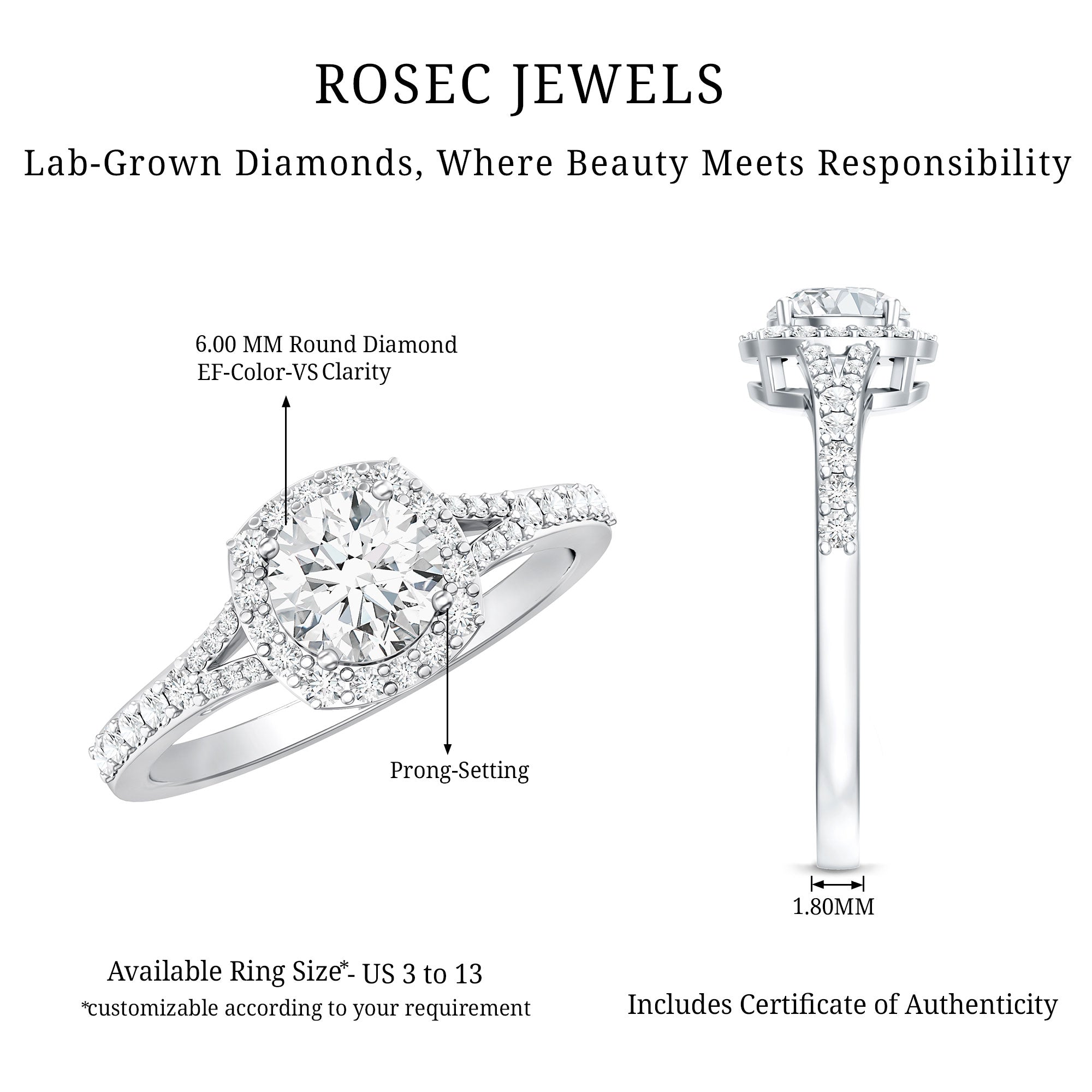Rosec Jewels-IGI Certified 1 Carat Lab Grown Diamond Halo Engagement Ring for Women