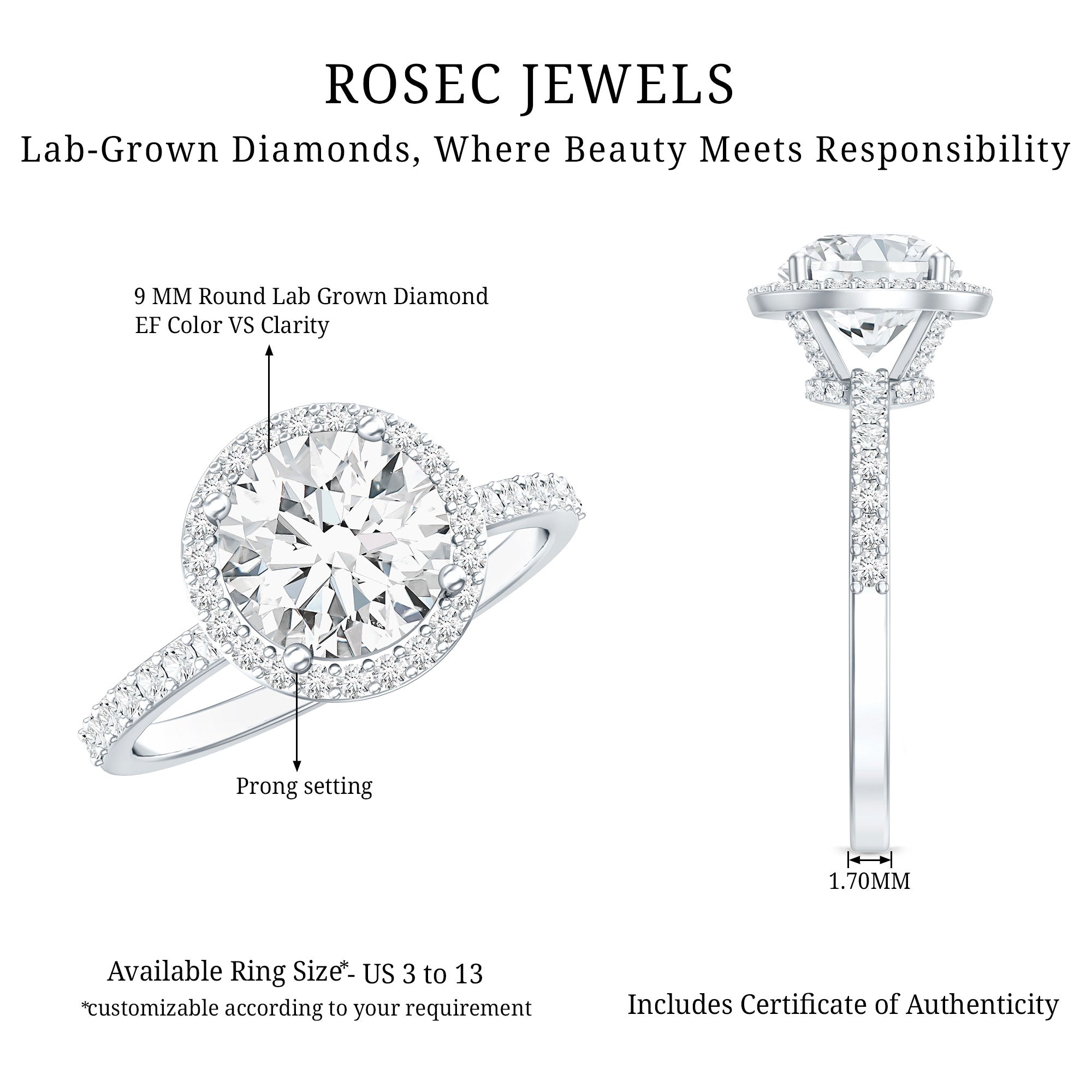 Rosec Jewels-3 Carat IGI Certified Lab Grown Diamond Engagement Ring