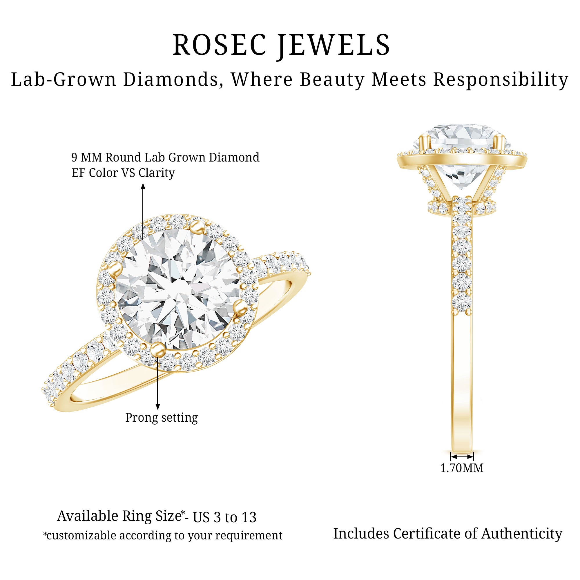 Rosec Jewels-3 Carat IGI Certified Lab Grown Diamond Engagement Ring