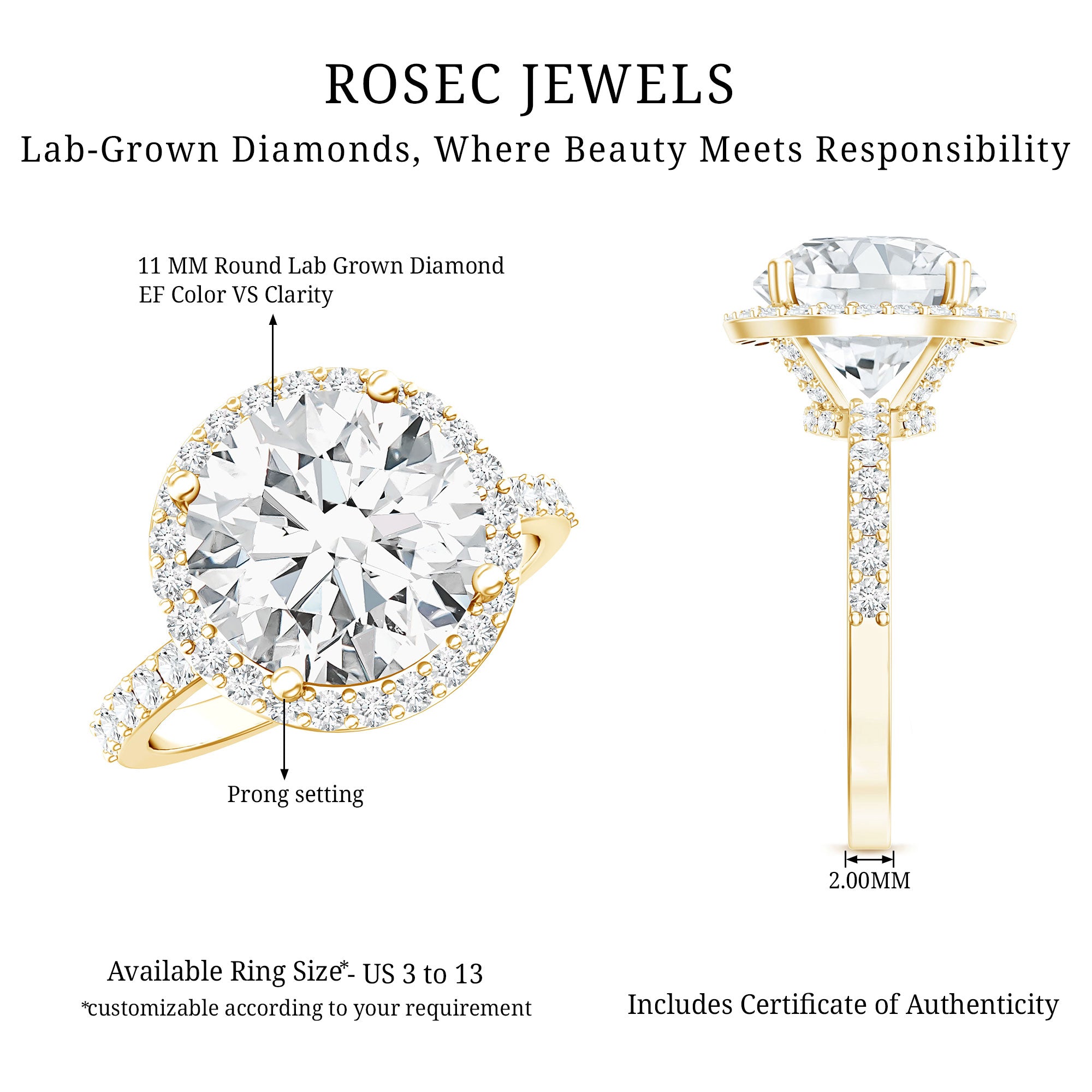 Rosec Jewels-5 Carat Round Lab Grown Diamond Engagement Ring with IGI Certified