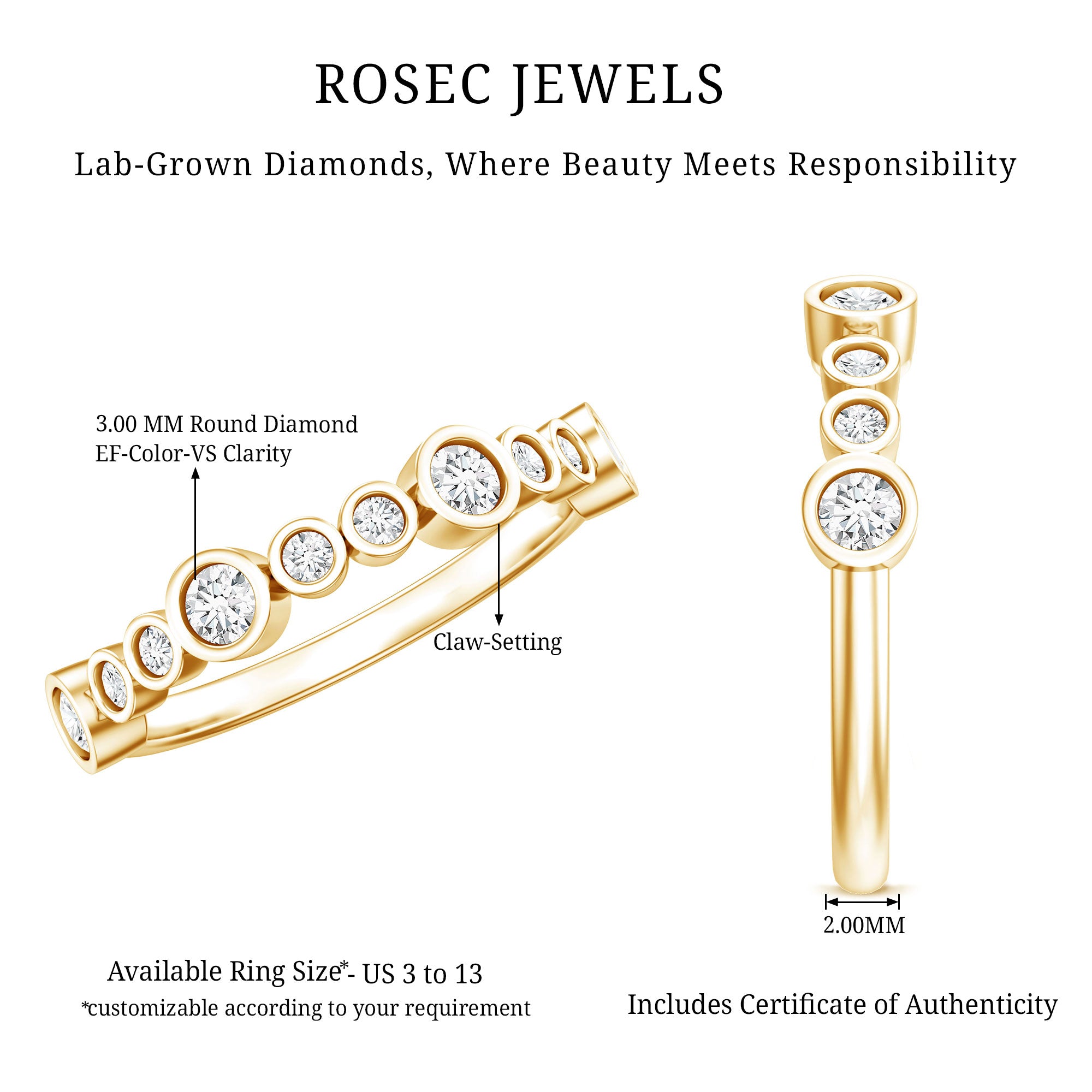 Bezel Set Lab Created Diamond Half Eternity Ring Lab - ( EF-VS ) - Rosec Jewels