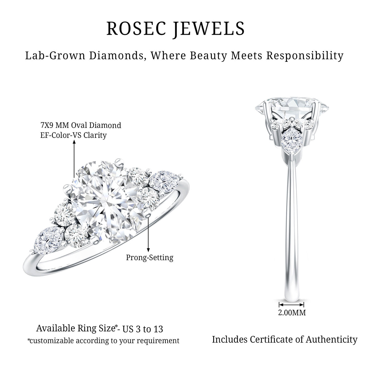 IGI Certified 2 Carat Lab Grown Diamond Oval Engagement Ring with Trio Lab - ( E-VS1 ) - Rosec Jewels
