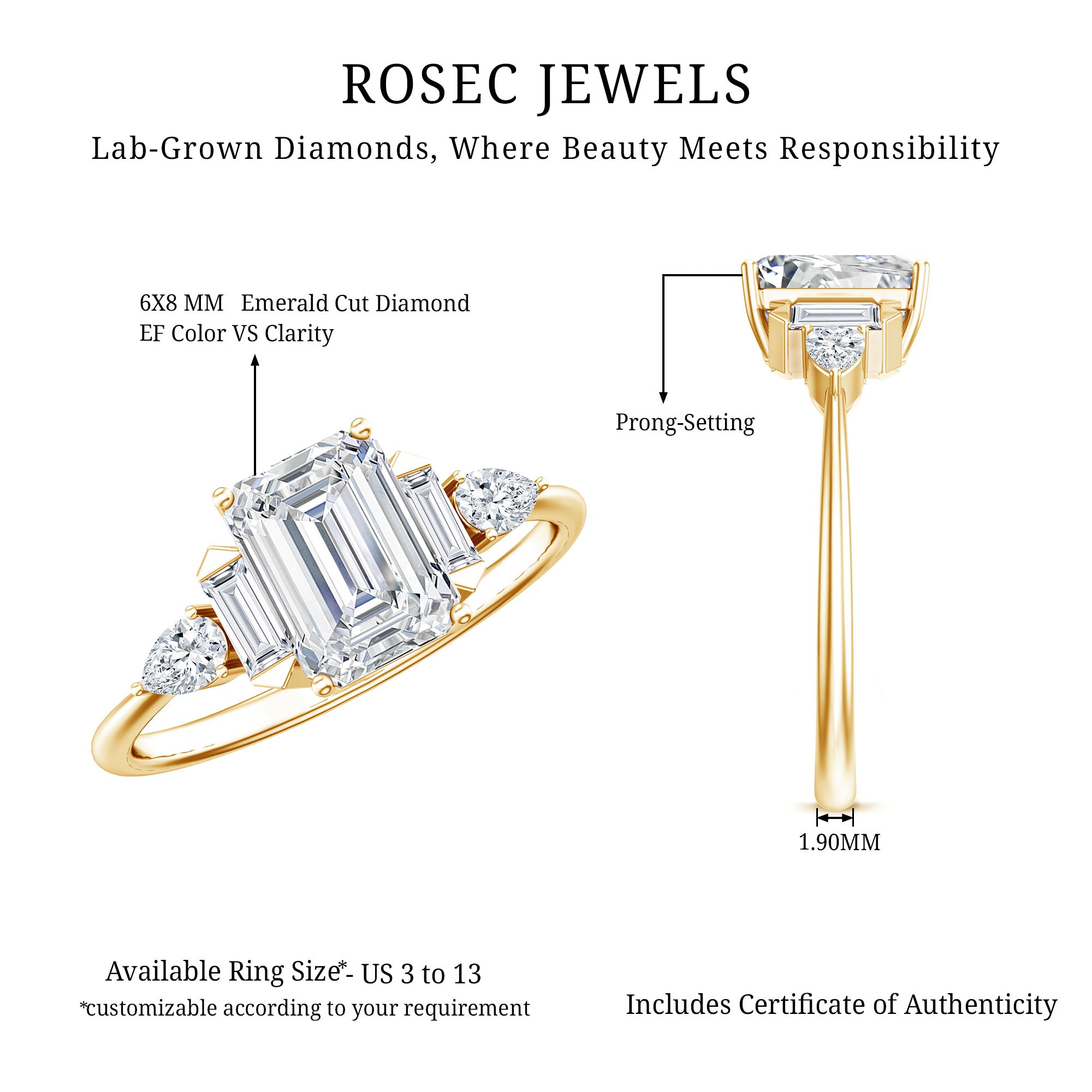 Art Deco Inspired Lab Grown Diamond Emerald Cut Engagement Ring Lab - ( EF-VS ) - Rosec Jewels