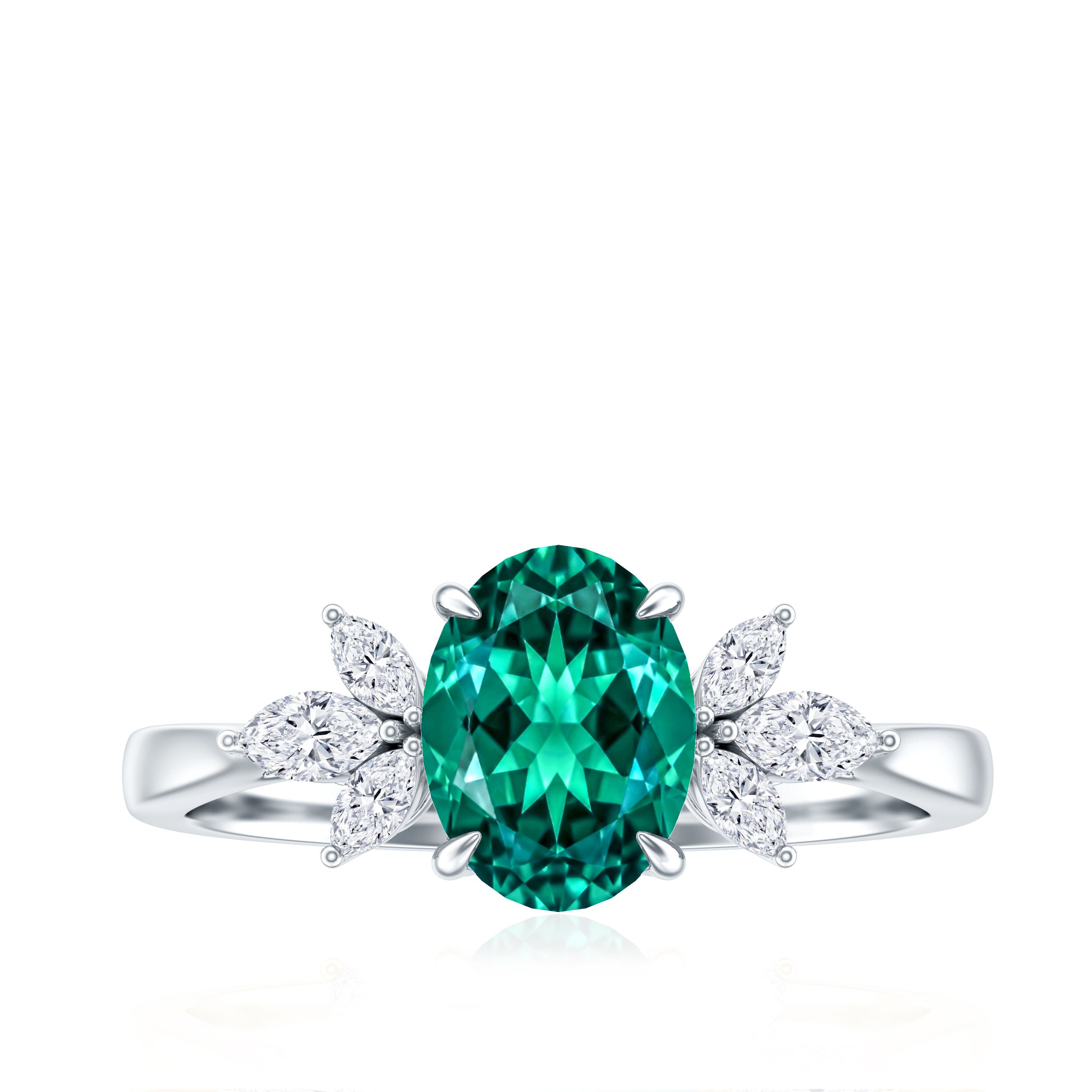 1.2 Carat Lab Created Emerald Oval Engagement Ring with Diamond Trio AAAA - Rosec Jewels