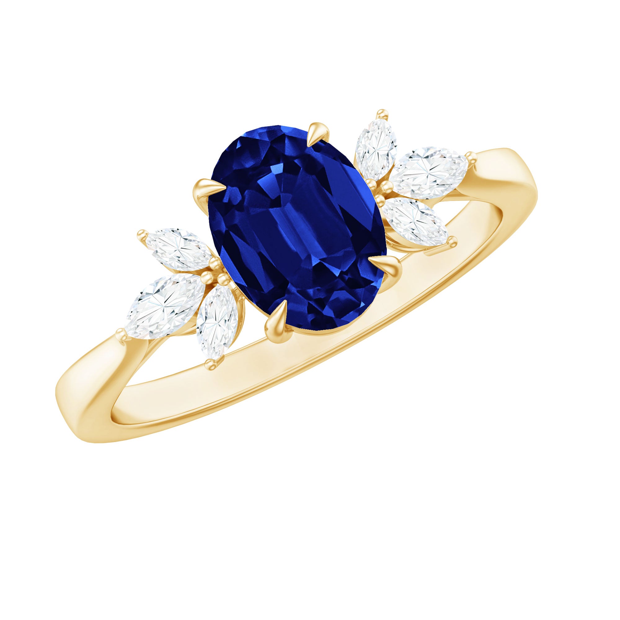 Certified 1.5 Carat Lab Grown Blue Sapphire Oval Engagement Ring with Diamond Trio AAAA - Rosec Jewels