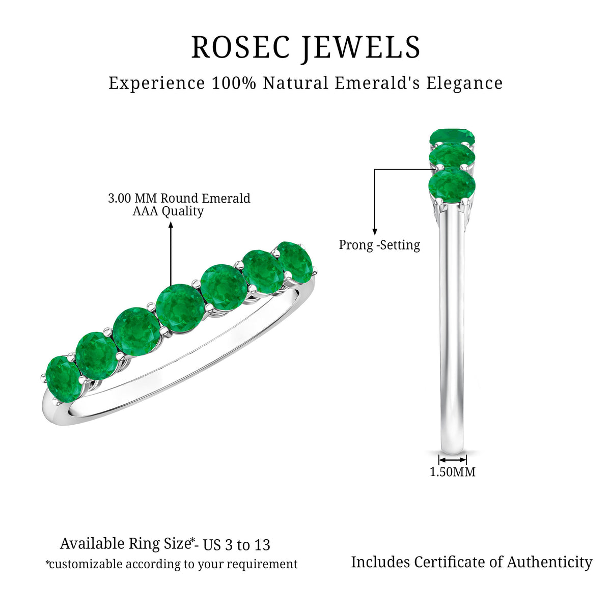 Certified 7 Stone Emerald Half Eternity Band for Women AAA - Rosec Jewels