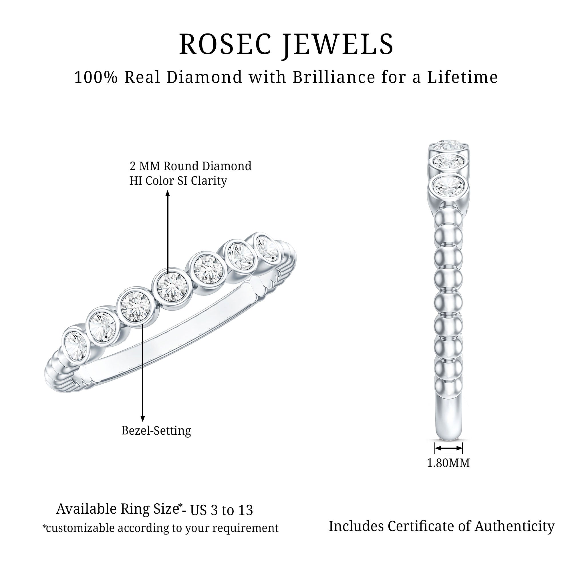 Bezel Set Round Diamond Half Eternity Ring Natural - ( HI-SI ) - Rosec Jewels