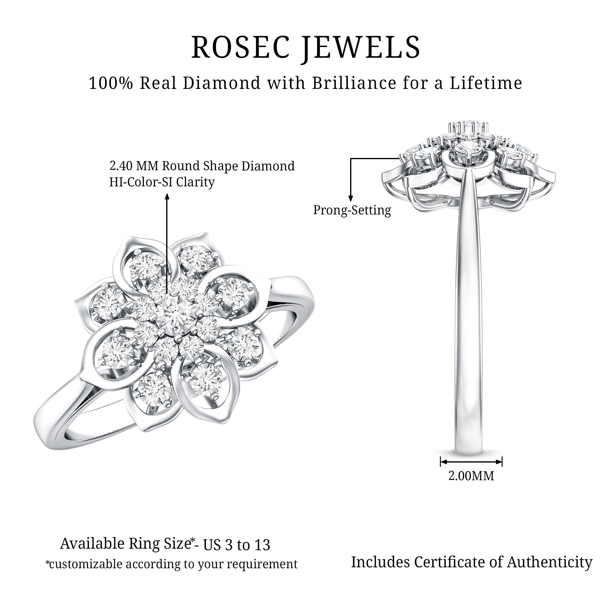 Certified Natural Diamond Flower Engagement Ring Natural - ( HI-SI ) - Rosec Jewels