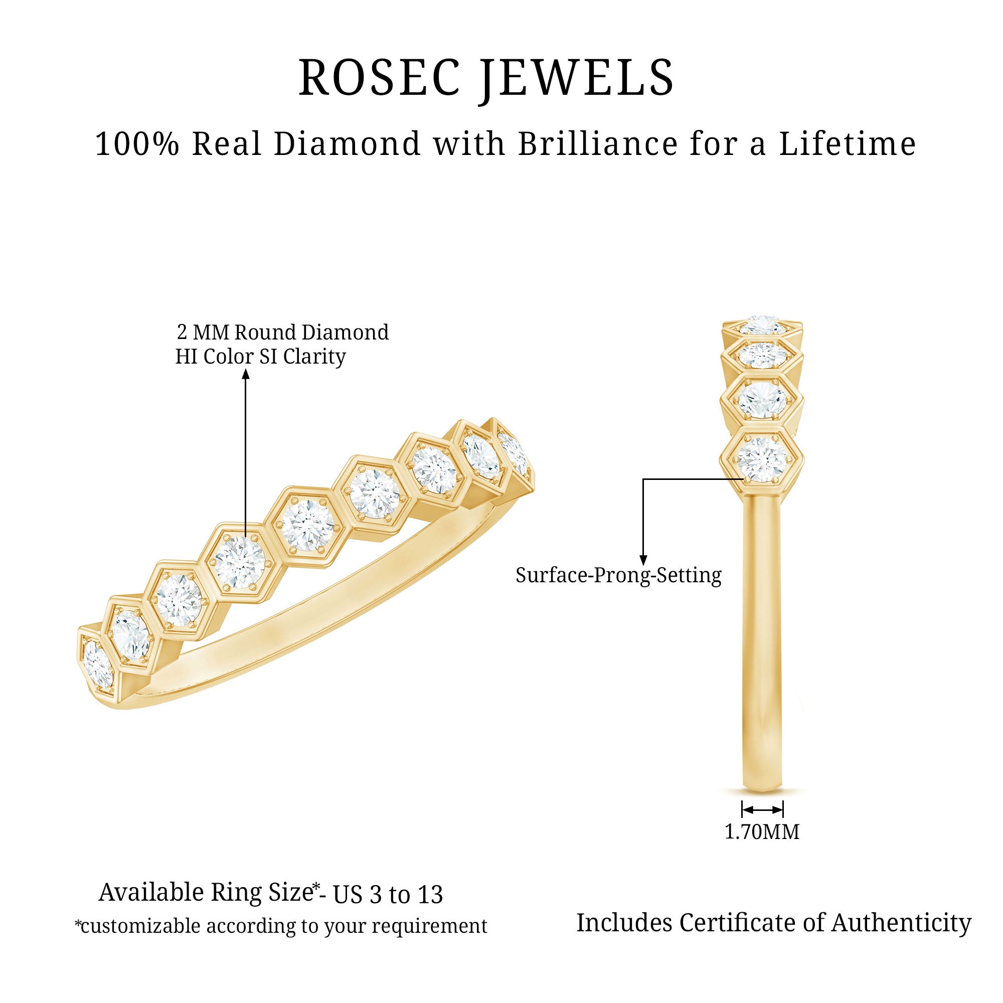 Real Diamond Hexagon Half Eternity Ring for Women Natural - ( HI-SI ) - Rosec Jewels