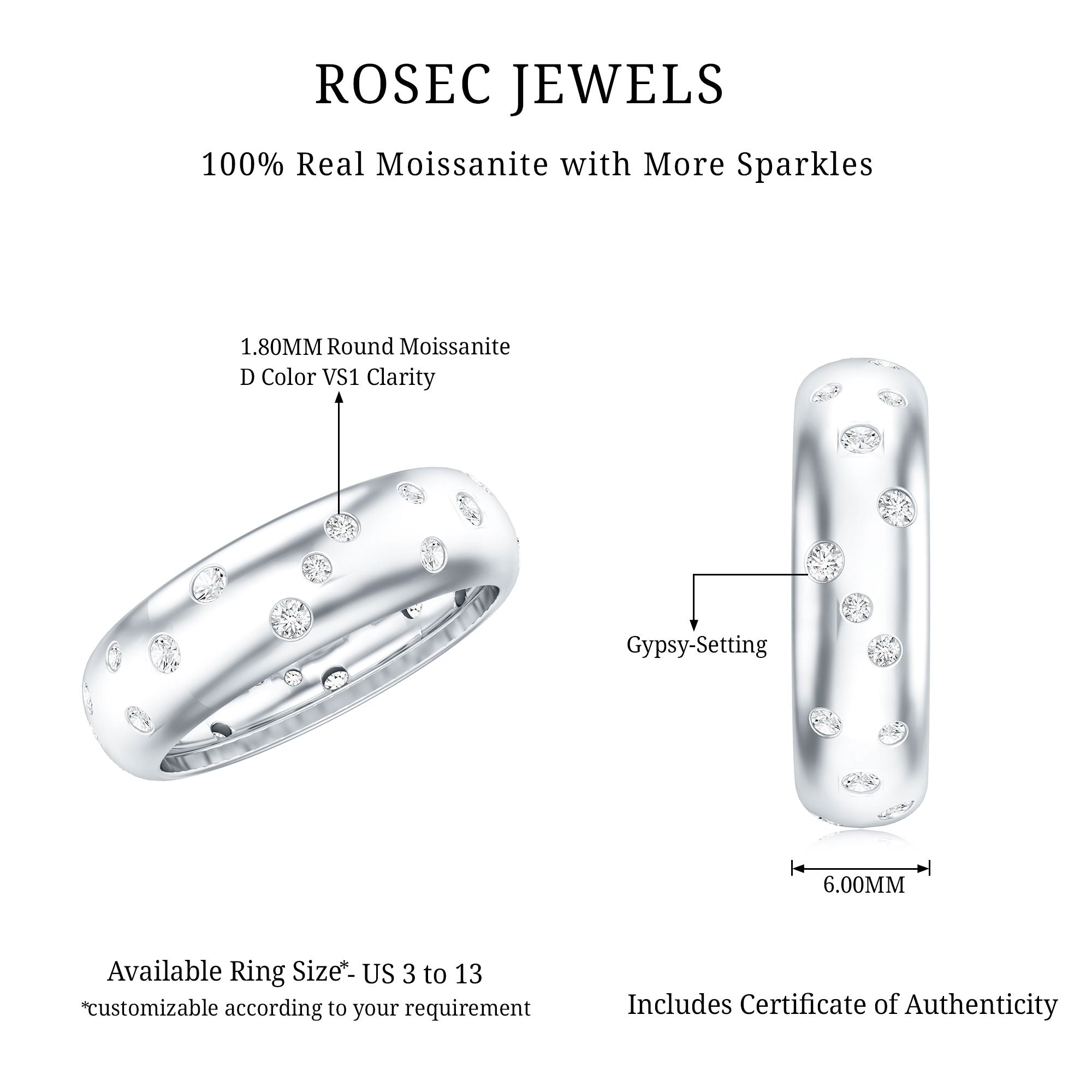 Scatter Moissanite Wedding Wide Band Ring D-VS1 - Rosec Jewels