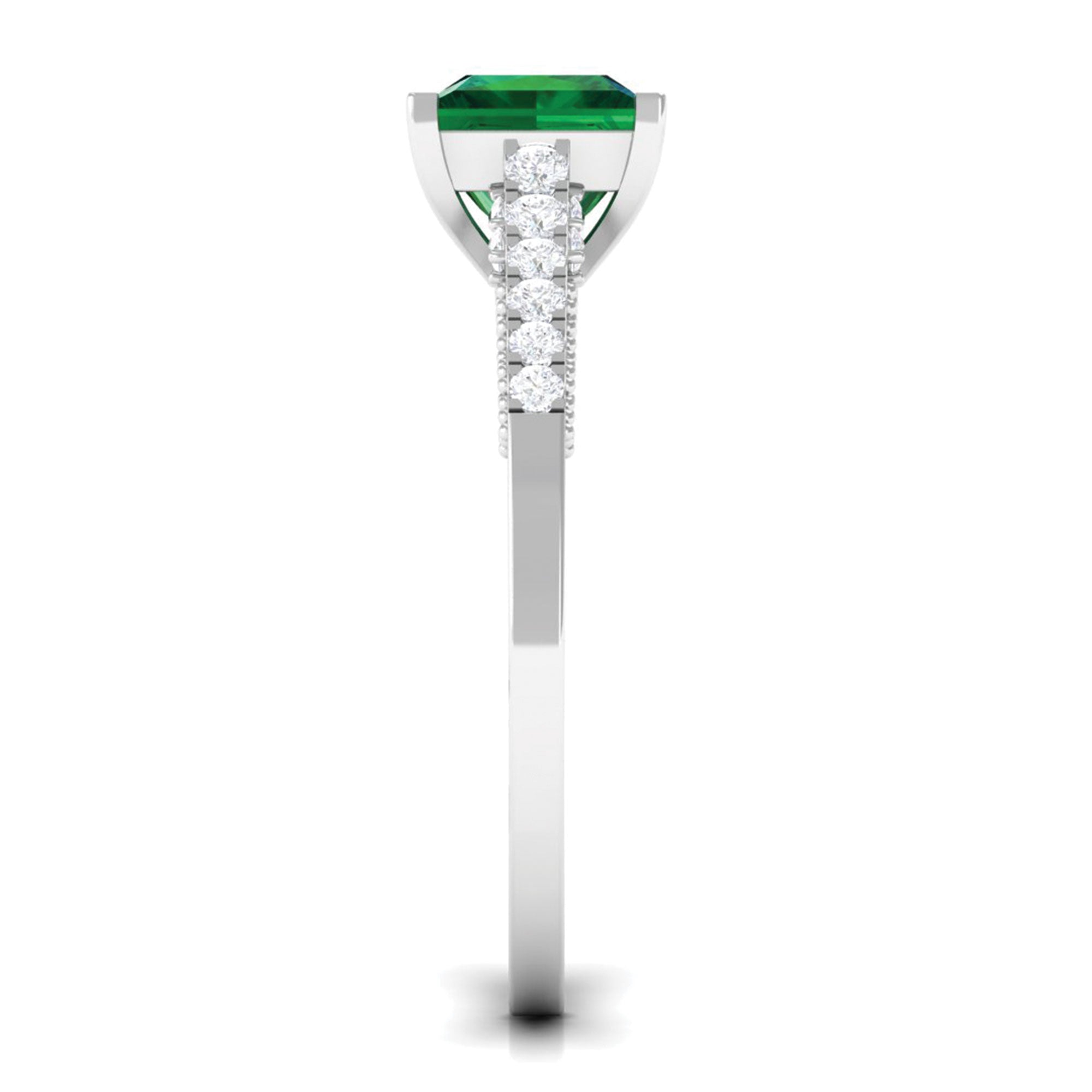 Princess Cut Emerald Milgrain Band Ring With Side Diamond Lab Created Emerald - ( AAAA ) - Quality - Rosec Jewels
