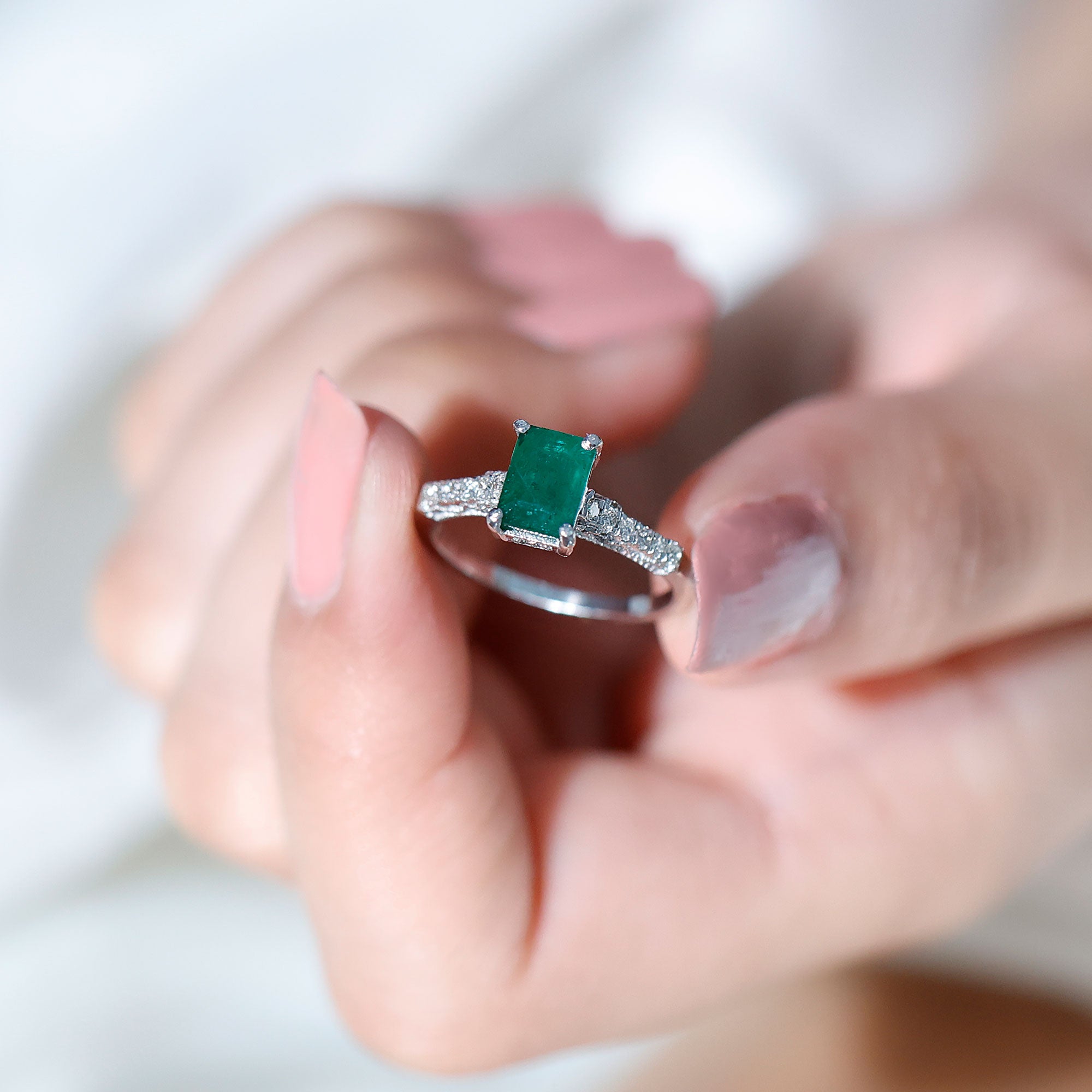 Rosec Jewels-Vintage Inspired 5X7MM Emerald Cut Emerald Engagement Ring with Diamonds