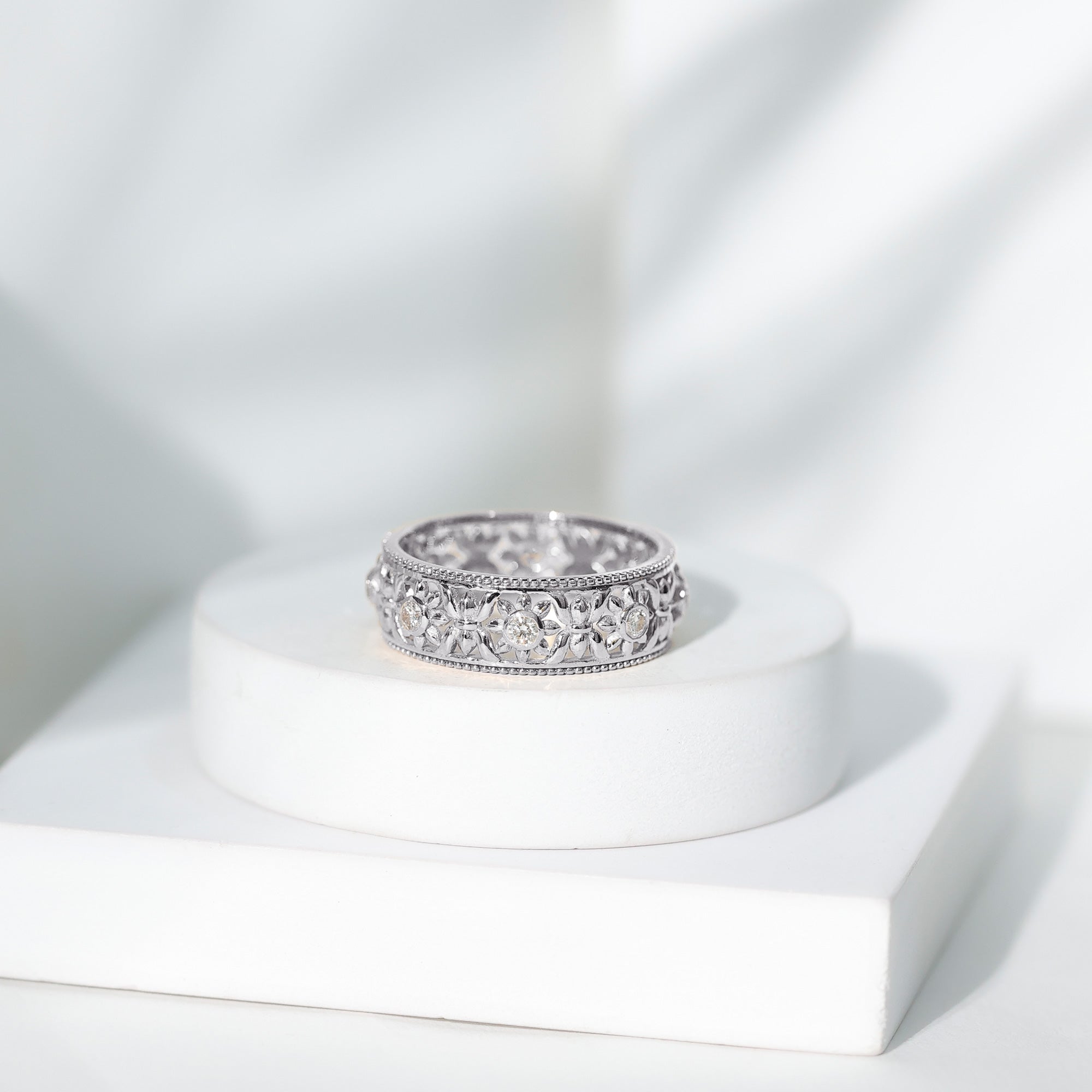 Bezel Set Diamond Flower Filigree Wedding Band Natural - ( HI-SI ) - Rosec Jewels