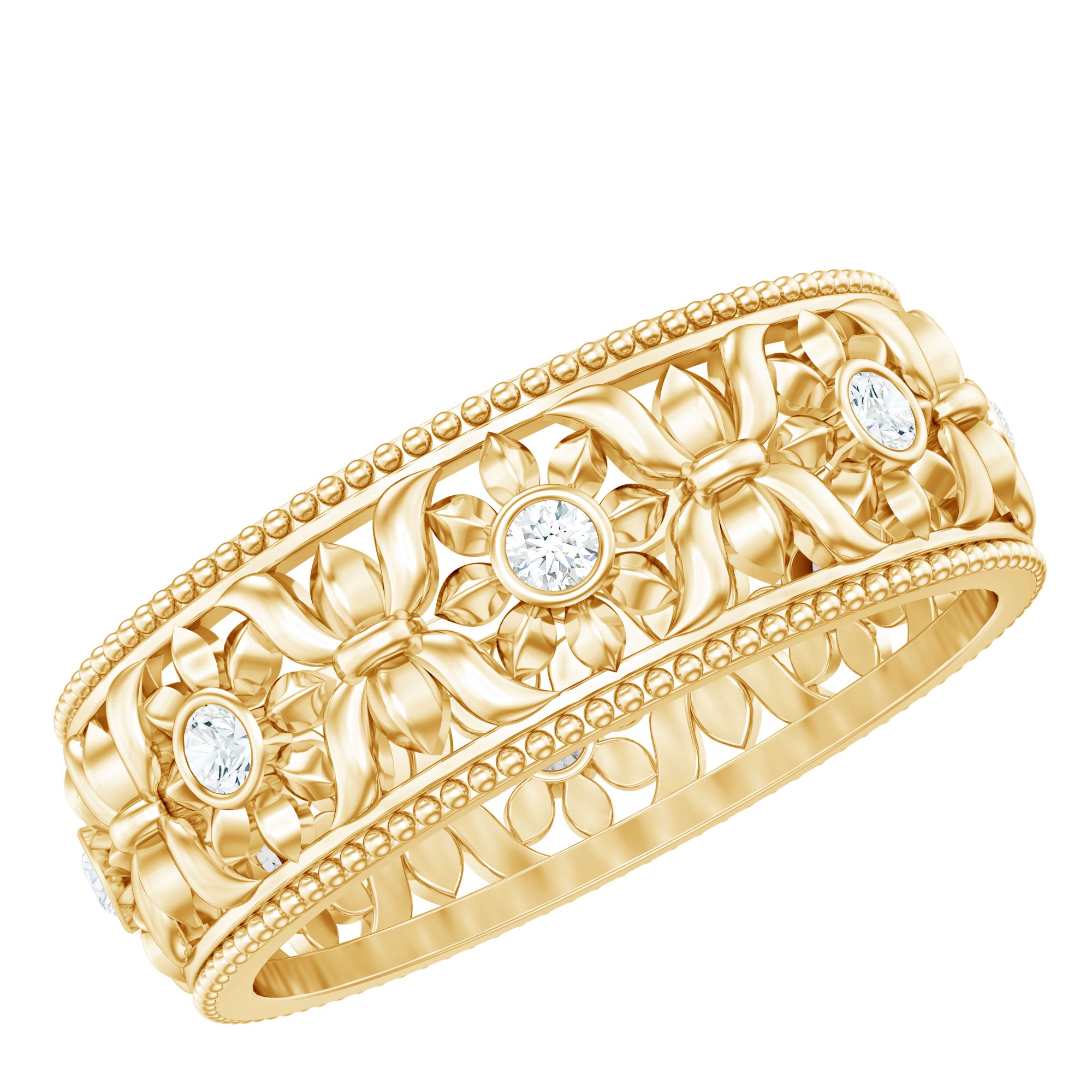 Bezel Set Diamond Flower Filigree Wedding Band Natural - ( HI-SI ) - Rosec Jewels