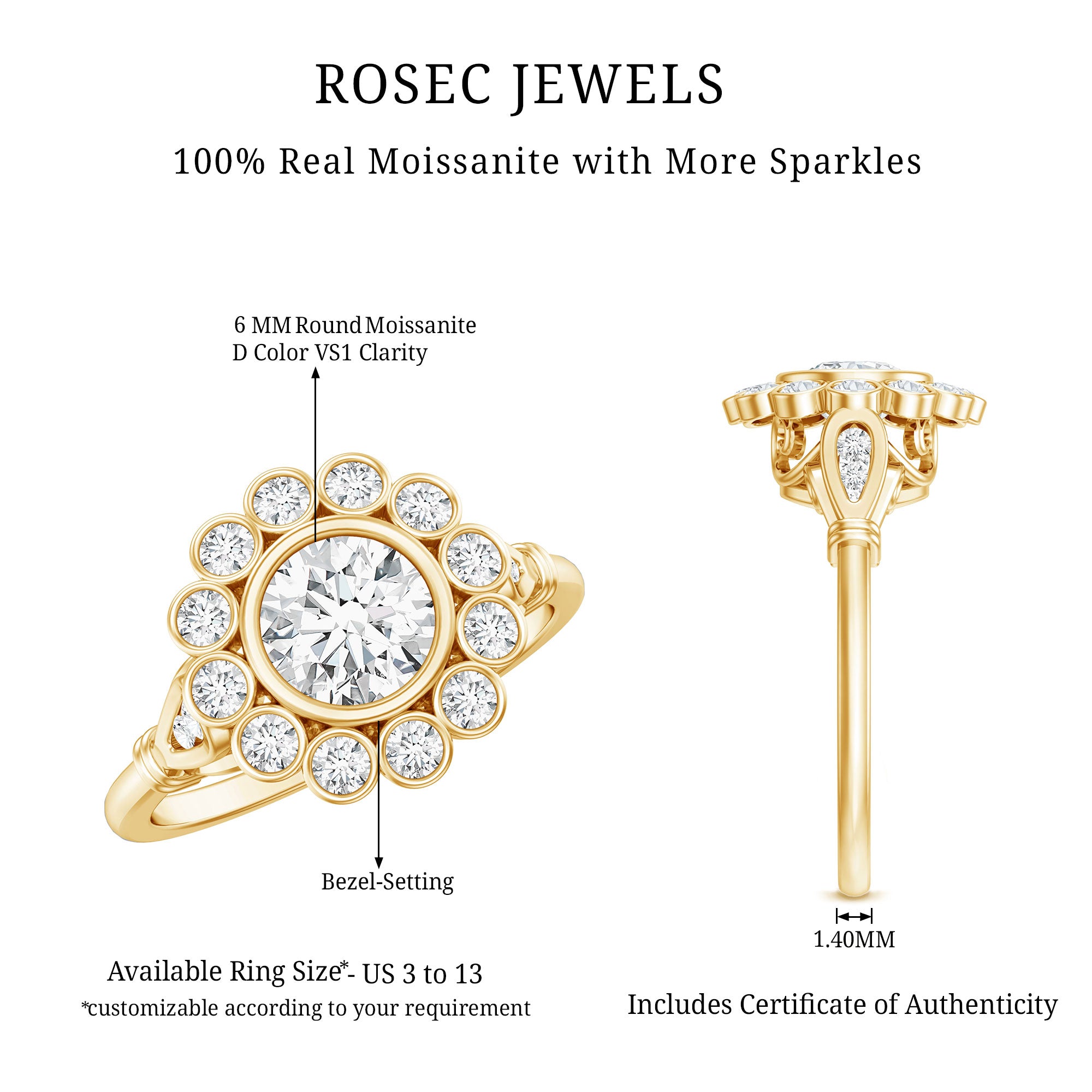 Certified Moissanite Bezel Set Engagement Ring D-VS1 - Rosec Jewels