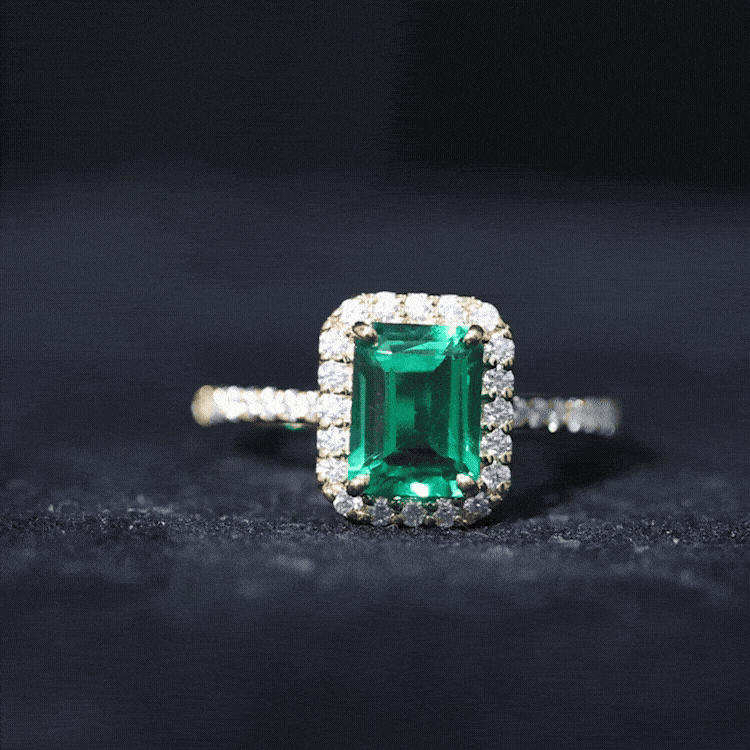 Lab Grown Emerald Halo Engagement Ring With Real Diamond AAAA - Rosec Jewels