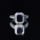 Certified 1.7 Carat Lab Grown Blue Sapphire Emerald Cut Engagement Ring with Diamond Halo AAAA - Rosec Jewels
