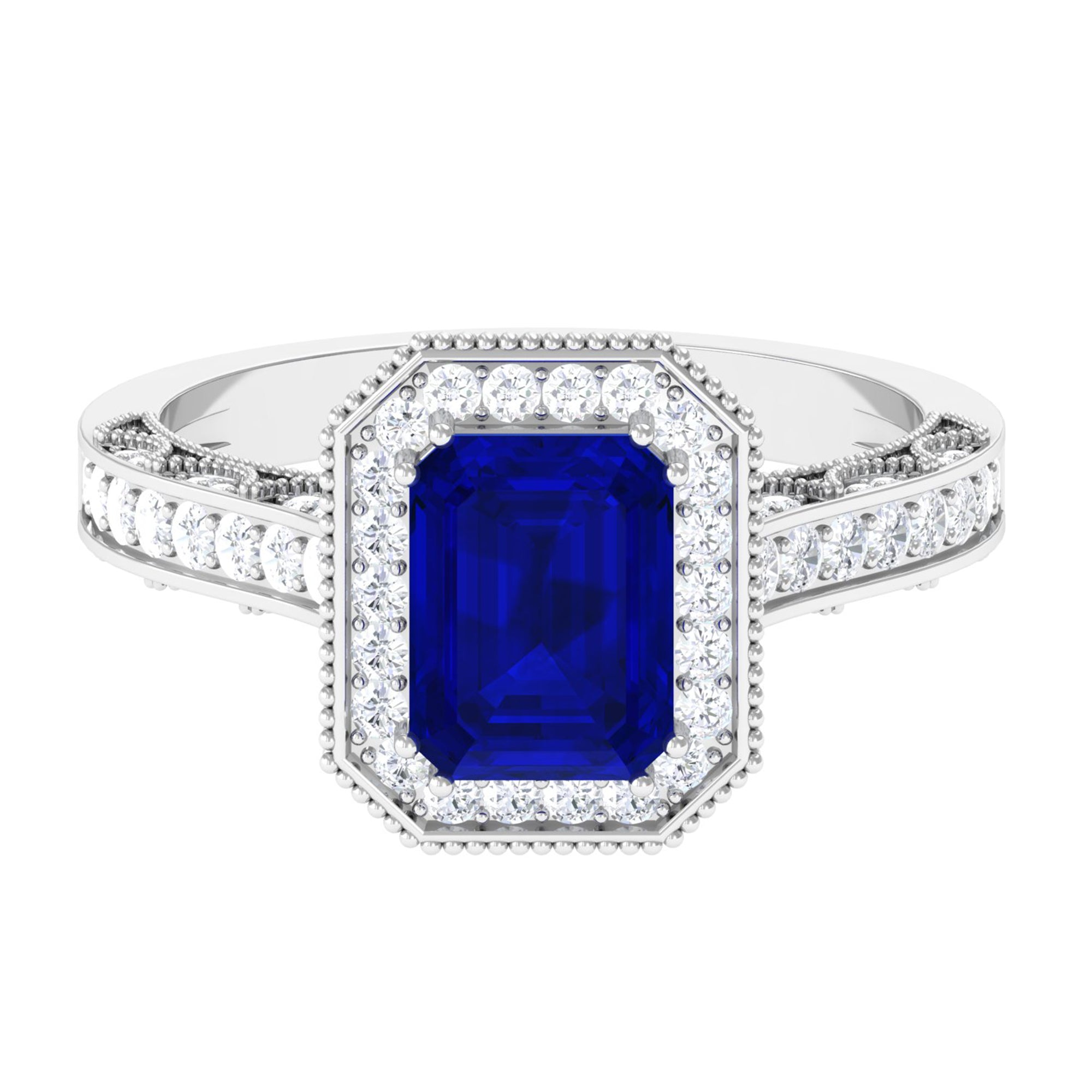Vintage Engagement Ring with 2.25 CT Created Blue Sapphire and Diamond Accents Lab Created Blue Sapphire - ( AAAA ) - Quality - Rosec Jewels