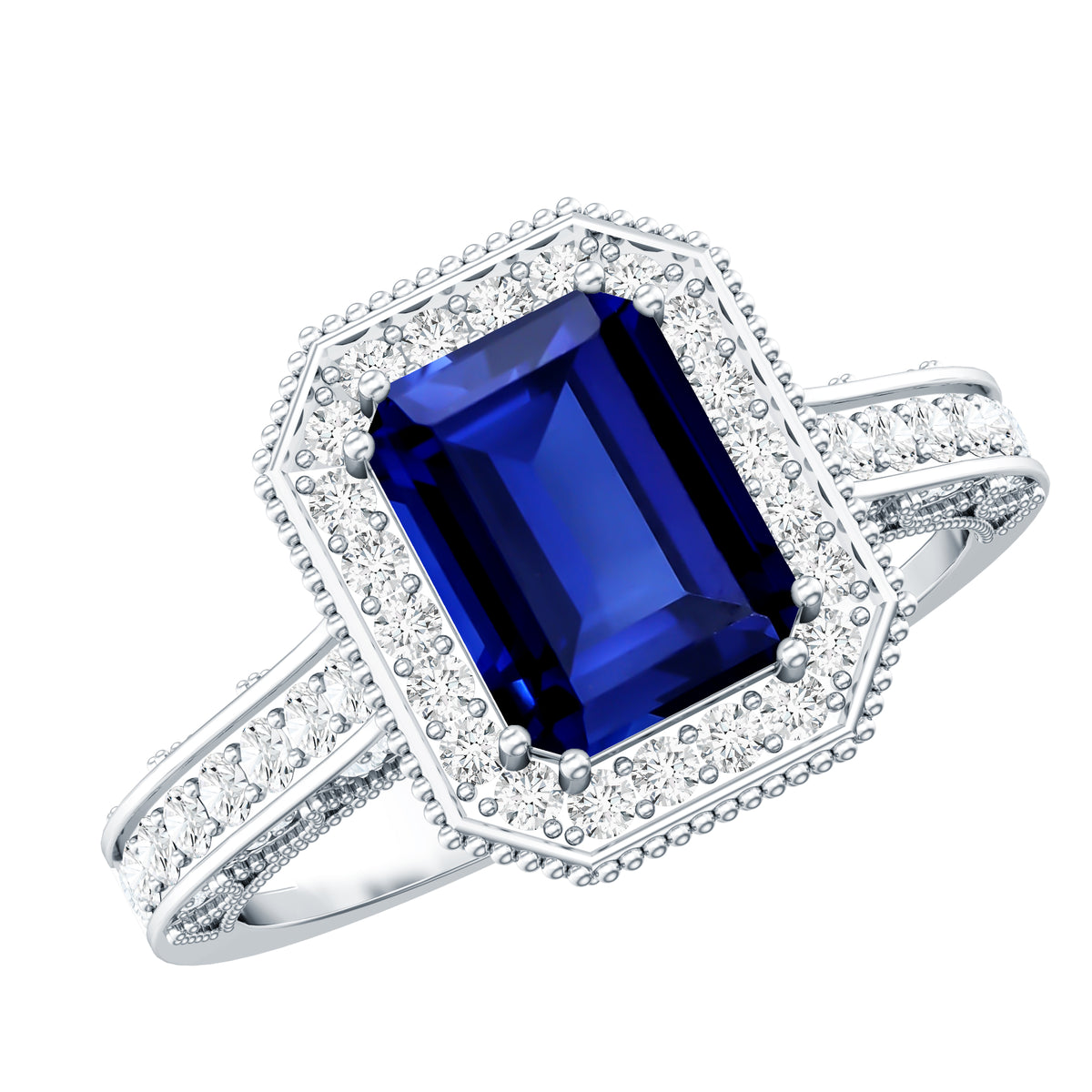 Certified 1.7 Carat Lab Grown Blue Sapphire Emerald Cut Engagement Ring with Diamond Halo AAAA - Rosec Jewels