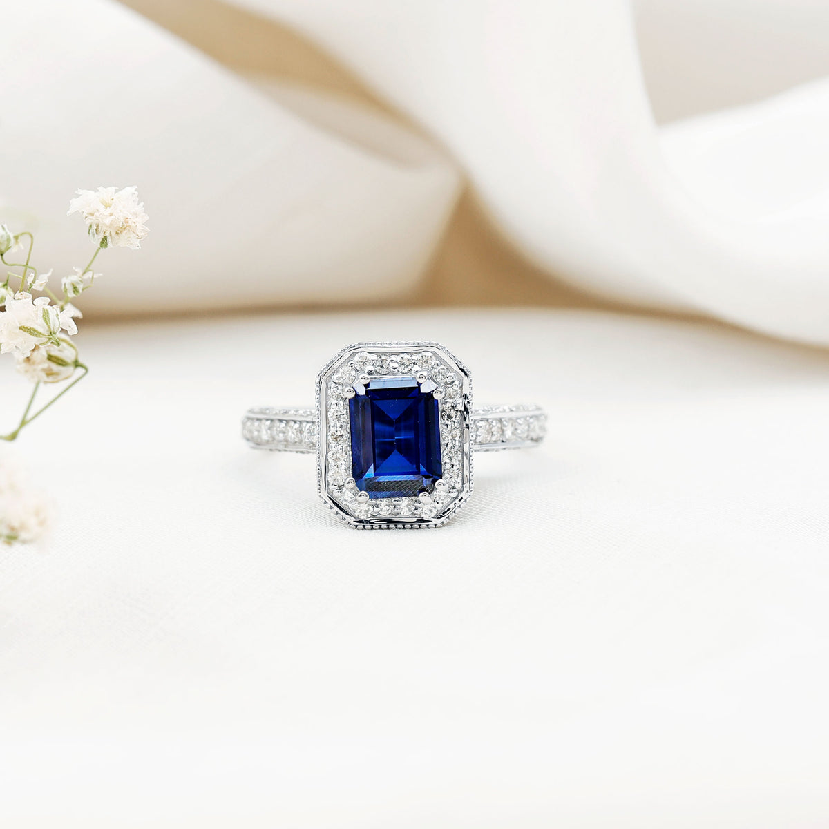 Certified 1.7 Carat Lab Grown Blue Sapphire Emerald Cut Engagement Ring with Diamond Halo AAAA - Rosec Jewels