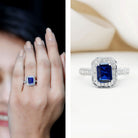 Certified 1.7 Carat Lab Grown Blue Sapphire Emerald Cut Engagement Ring with Diamond Halo AAAA - Rosec Jewels