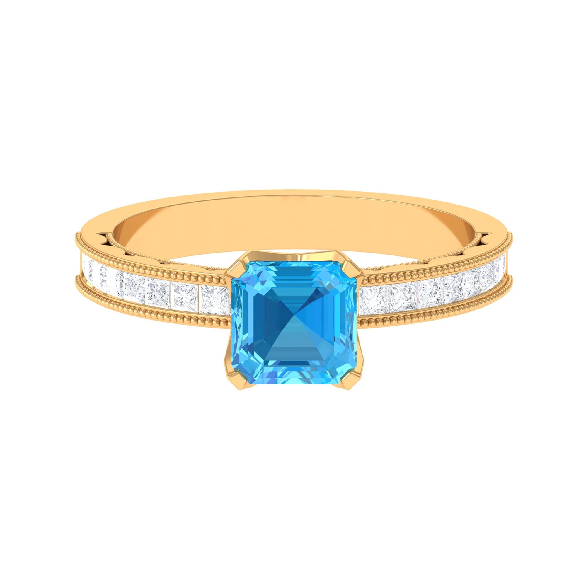 2 CT Swiss Blue Topaz Solitaire Ring with Princess Cut Moissanite Side Stones Swiss Blue Topaz - ( AAA ) - Quality - Rosec Jewels