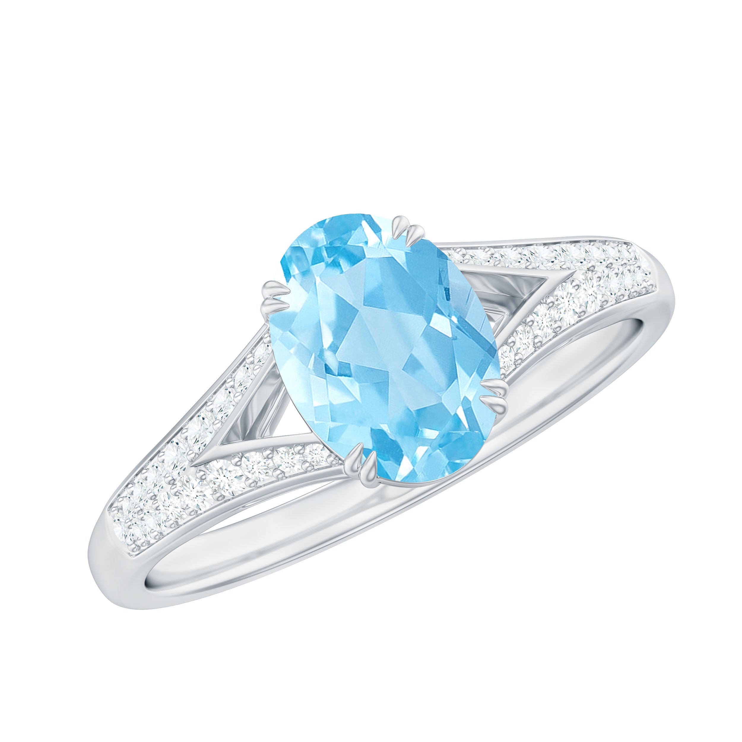 Genuine 1 Carat Oval Aquamarine Engagement Ring with Diamond Split Shank AAA - Rosec Jewels