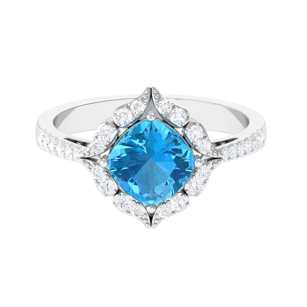 7 MM Art Deco Cushion Cut Swiss Blue Topaz Solitaire with Moissanite Side Stone Ring