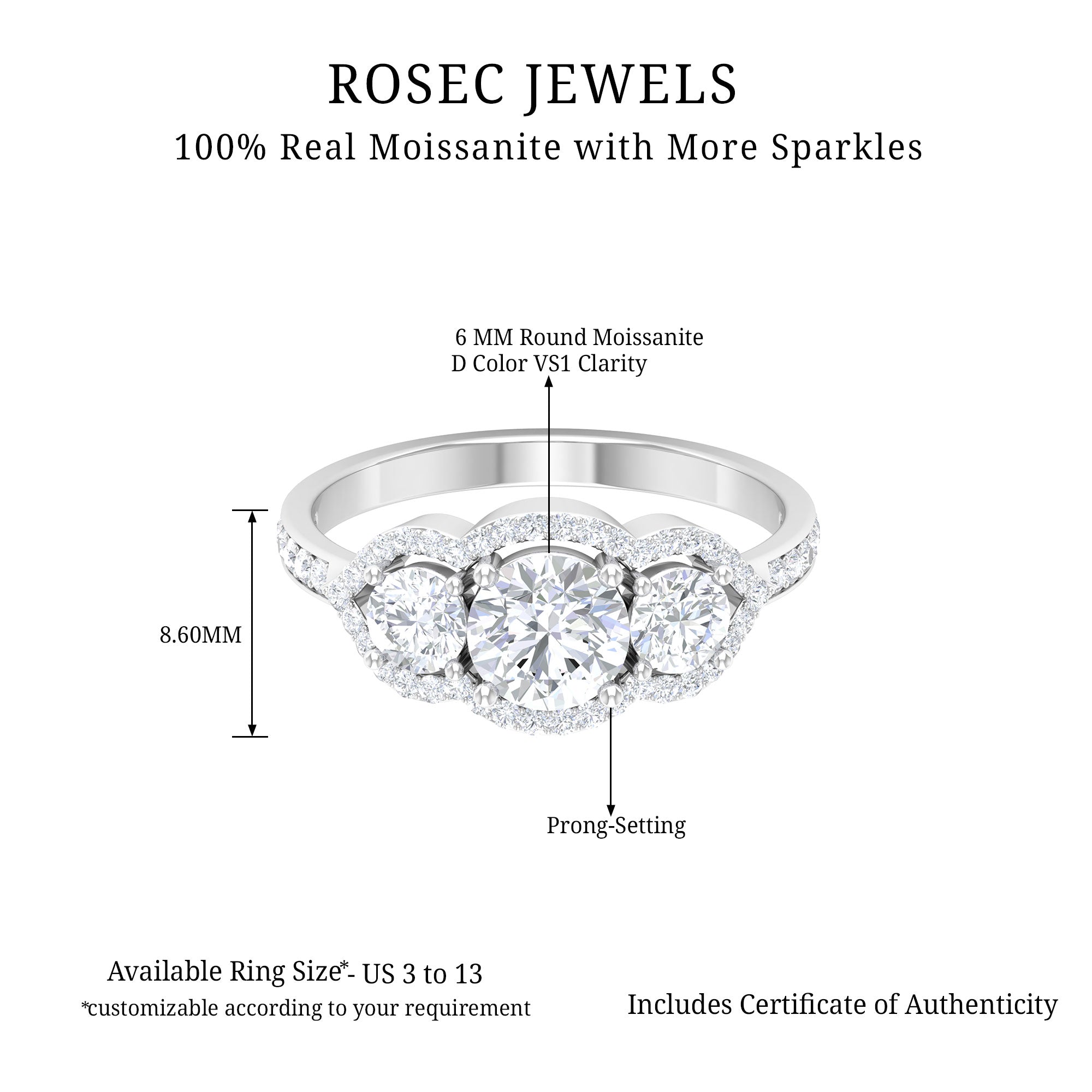2 CT Certified Moissanite Three Stone Statement Engagement Ring Moissanite - ( D-VS1 ) - Color and Clarity - Rosec Jewels