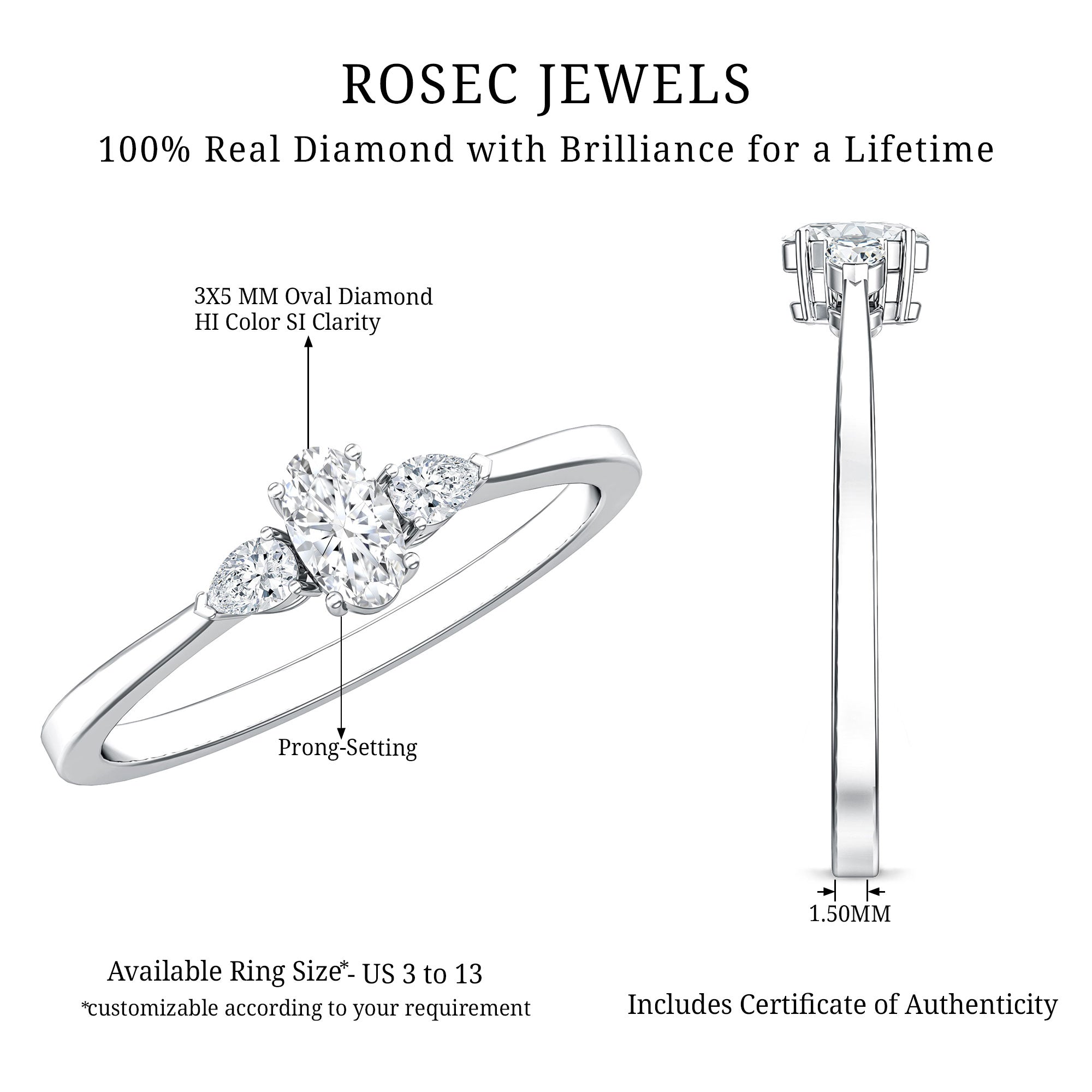 Real Diamond 3 Stone Promise Ring for Valentines Natural - ( HI-SI ) - Rosec Jewels