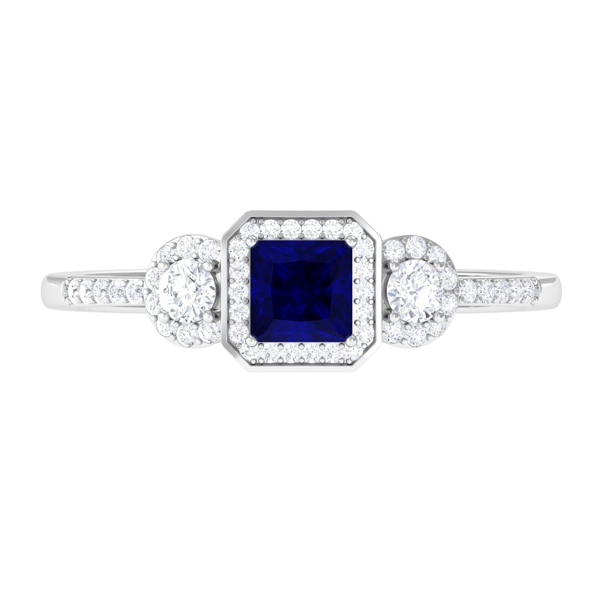 Real Blue Sapphire Princess Cut Blue Sapphire Engagement Ring with Diamond AAA - Rosec Jewels