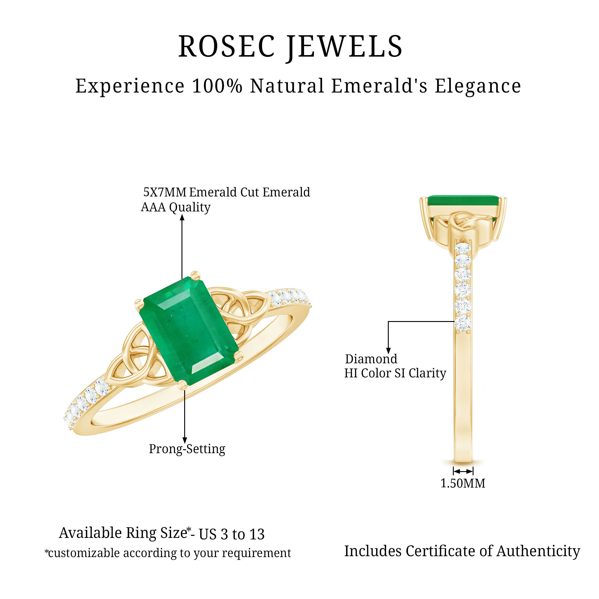 Natural 5X7mm Emerald Cut Emerald Diamond Engagement Ring with Celtic Knot AAA - Rosec Jewels
